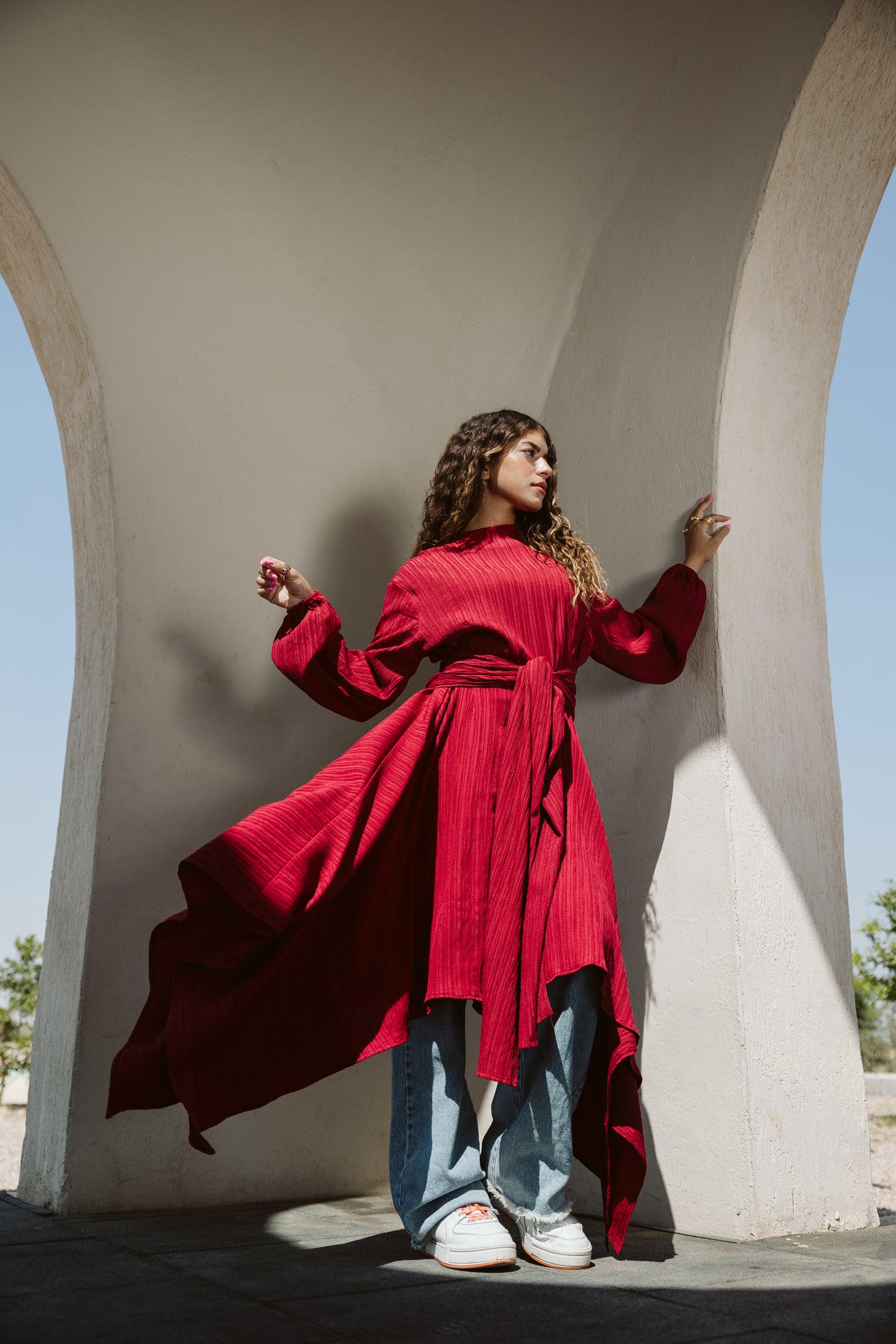 Asymmetrical dress in maroon