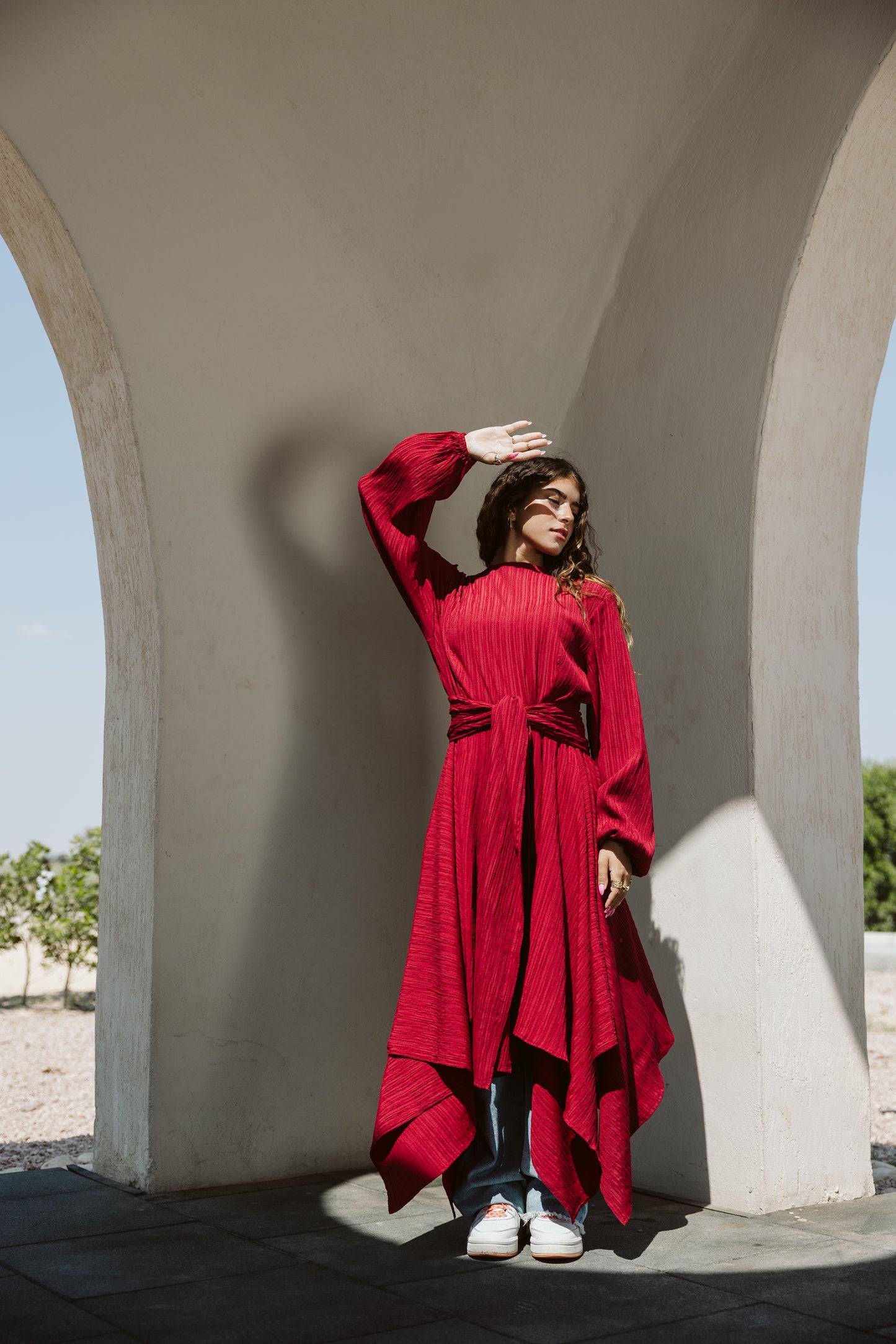 Asymmetrical dress in maroon