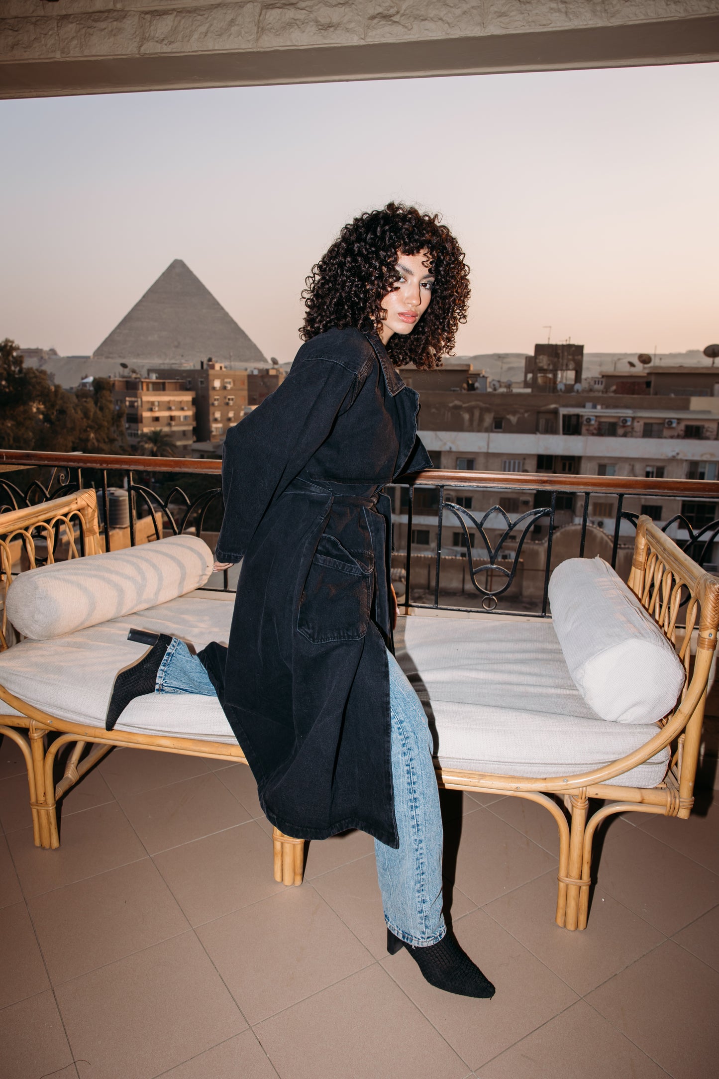 Long denim coat in washed black