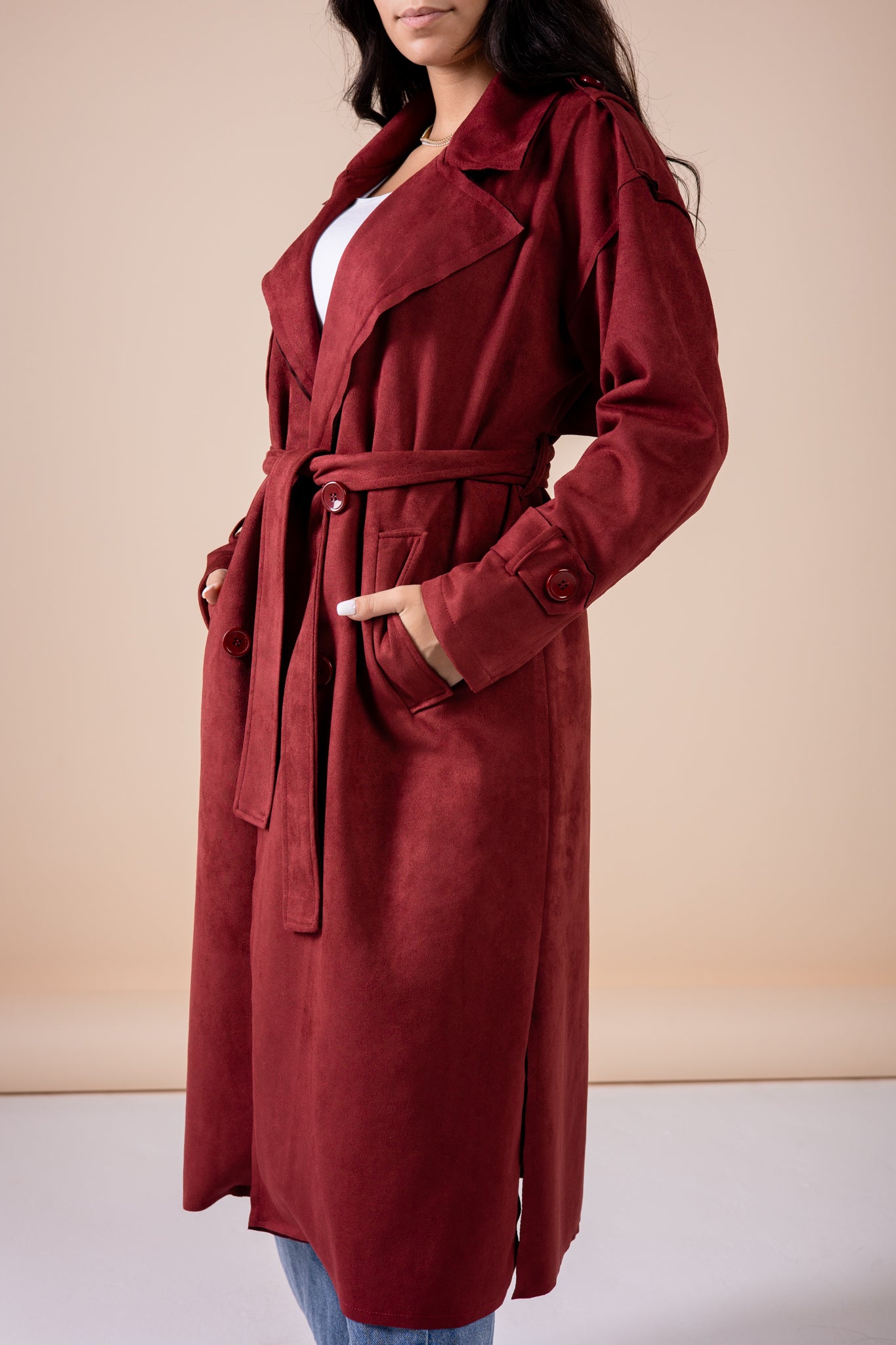 Suede manteau in maroon