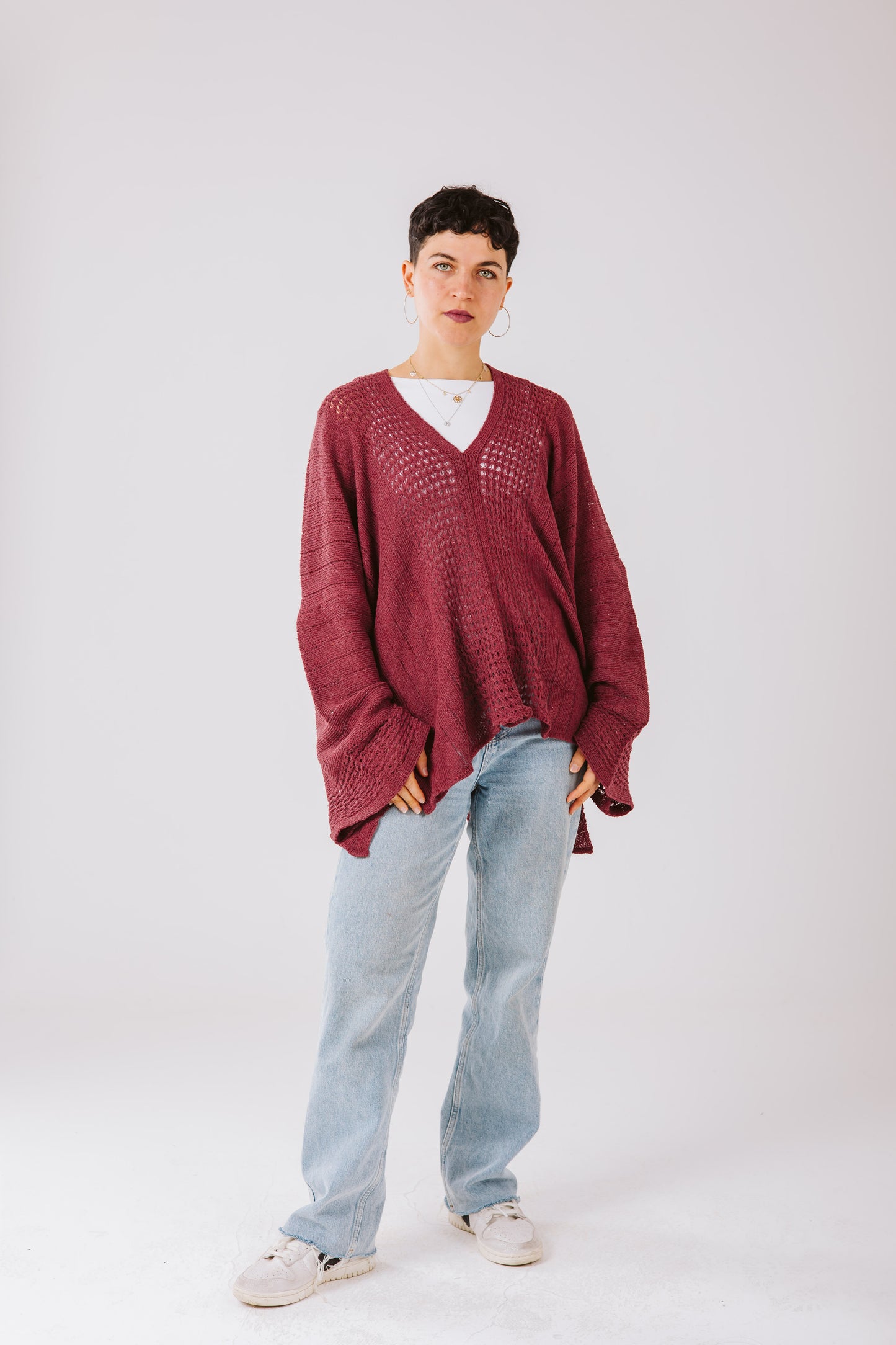 Aura knit top in maroon.