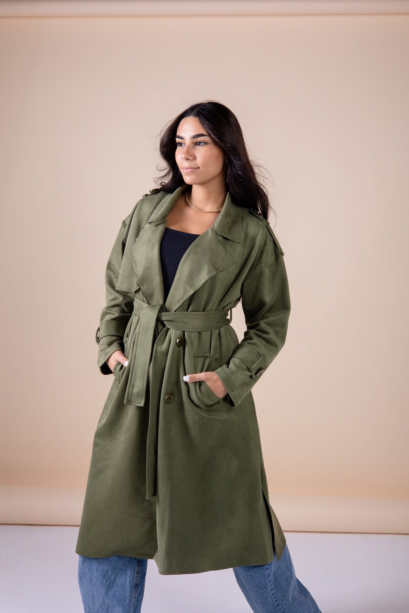 Suede manteau in olive