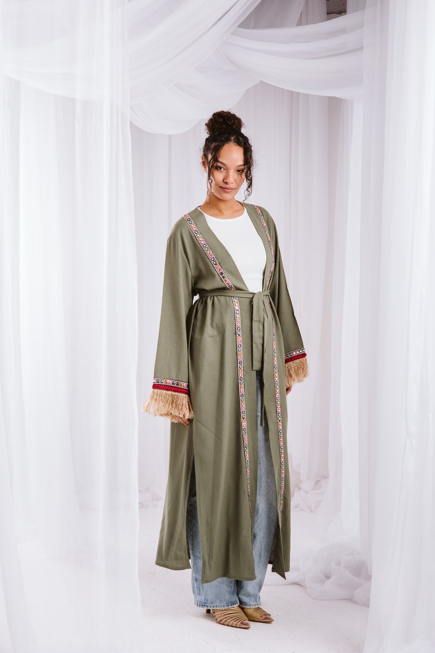 Fringe kaftan in olive