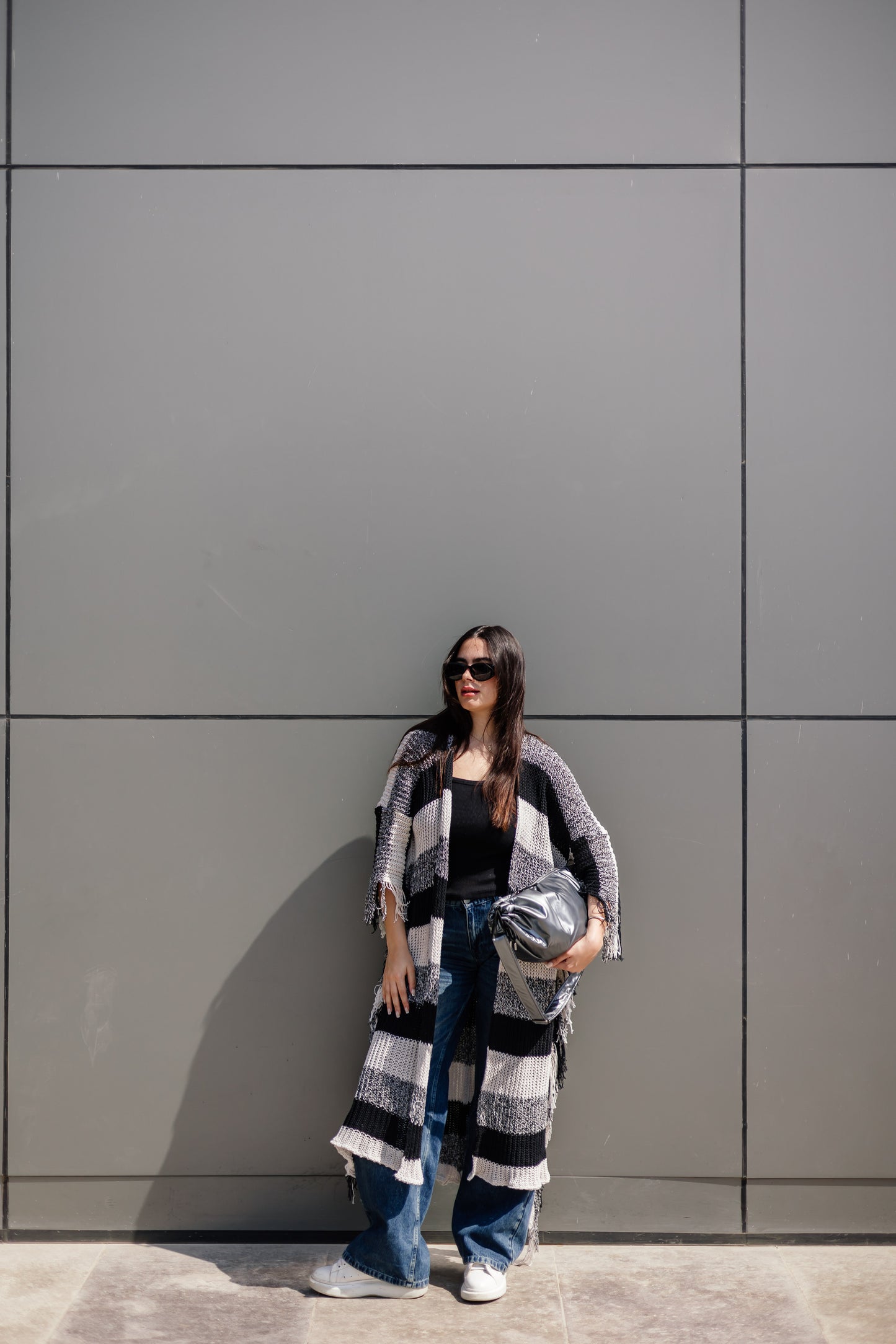 Stripped knit cardigan in black and white