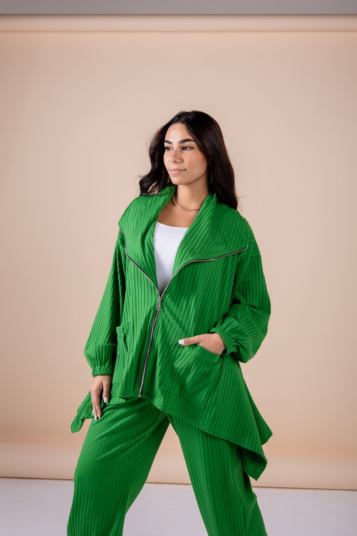 The asymmetrical set in green