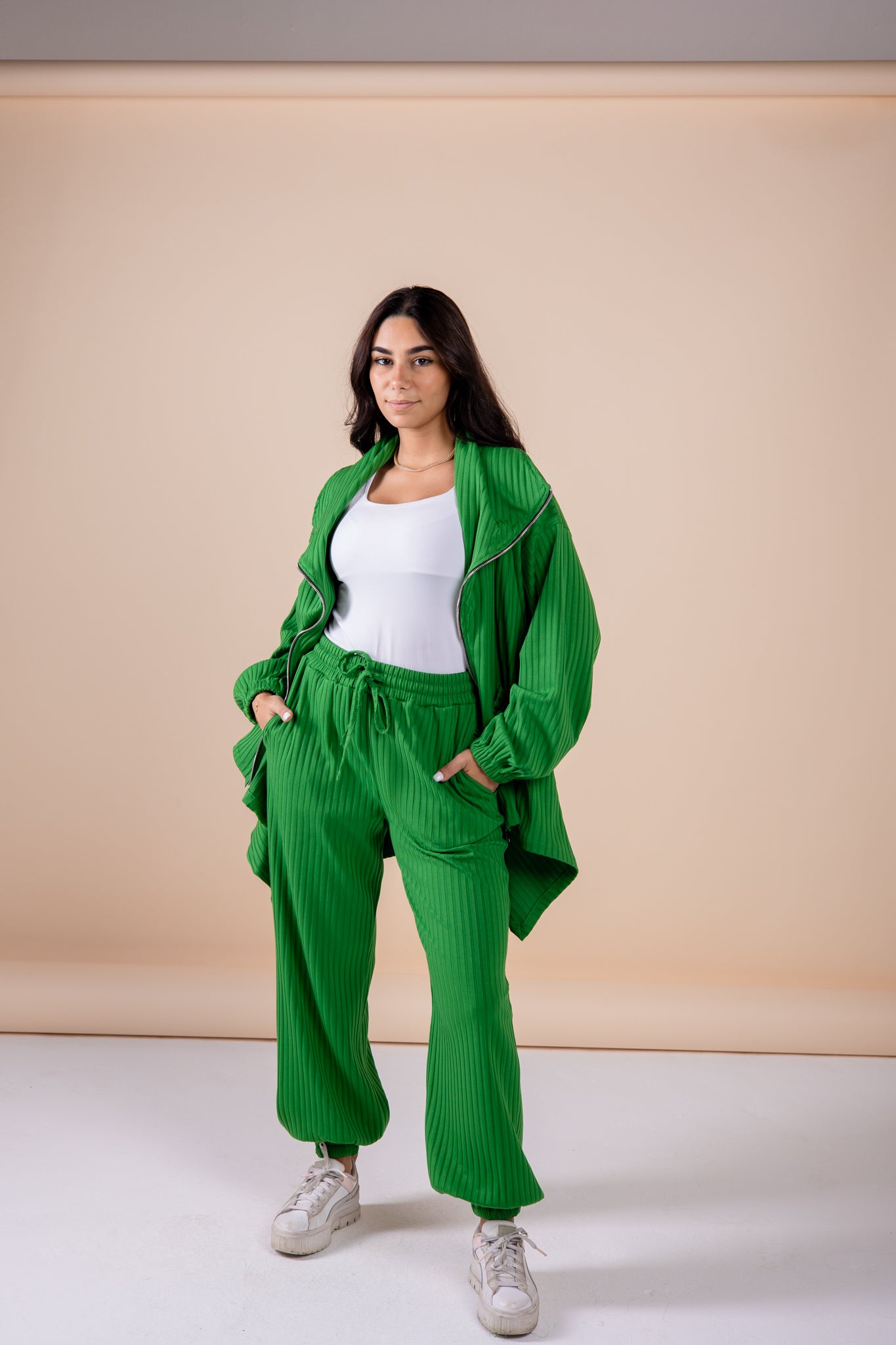 The asymmetrical set in green