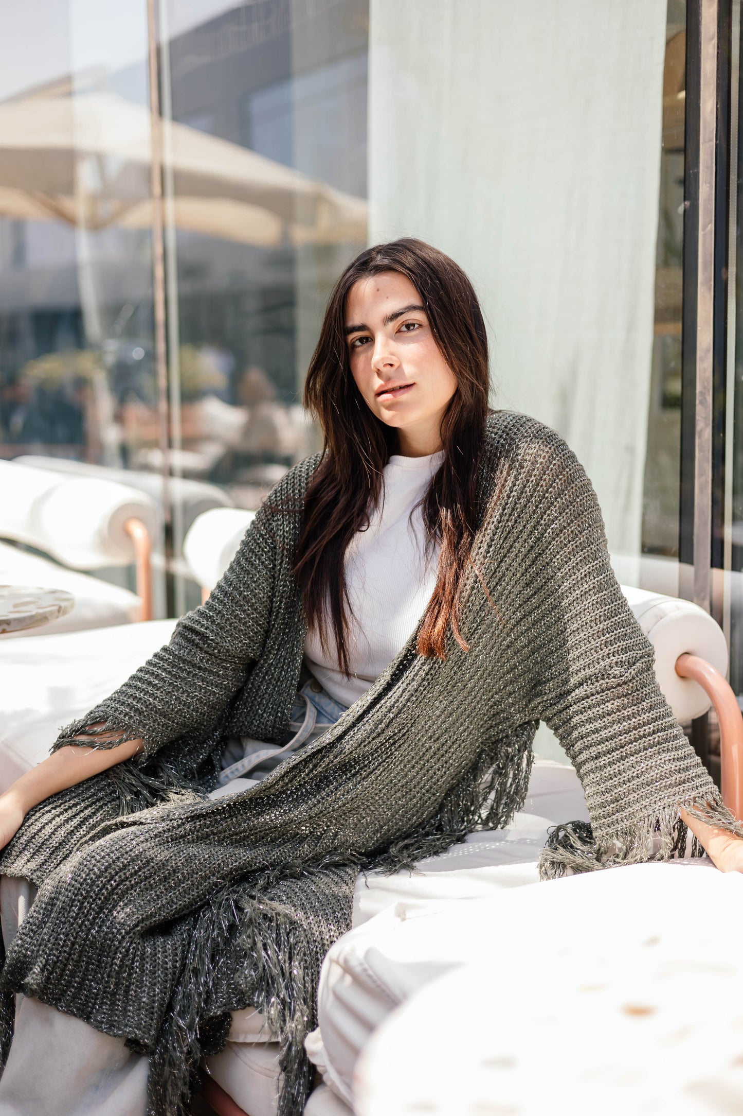 Fringe knit cardigan in olive