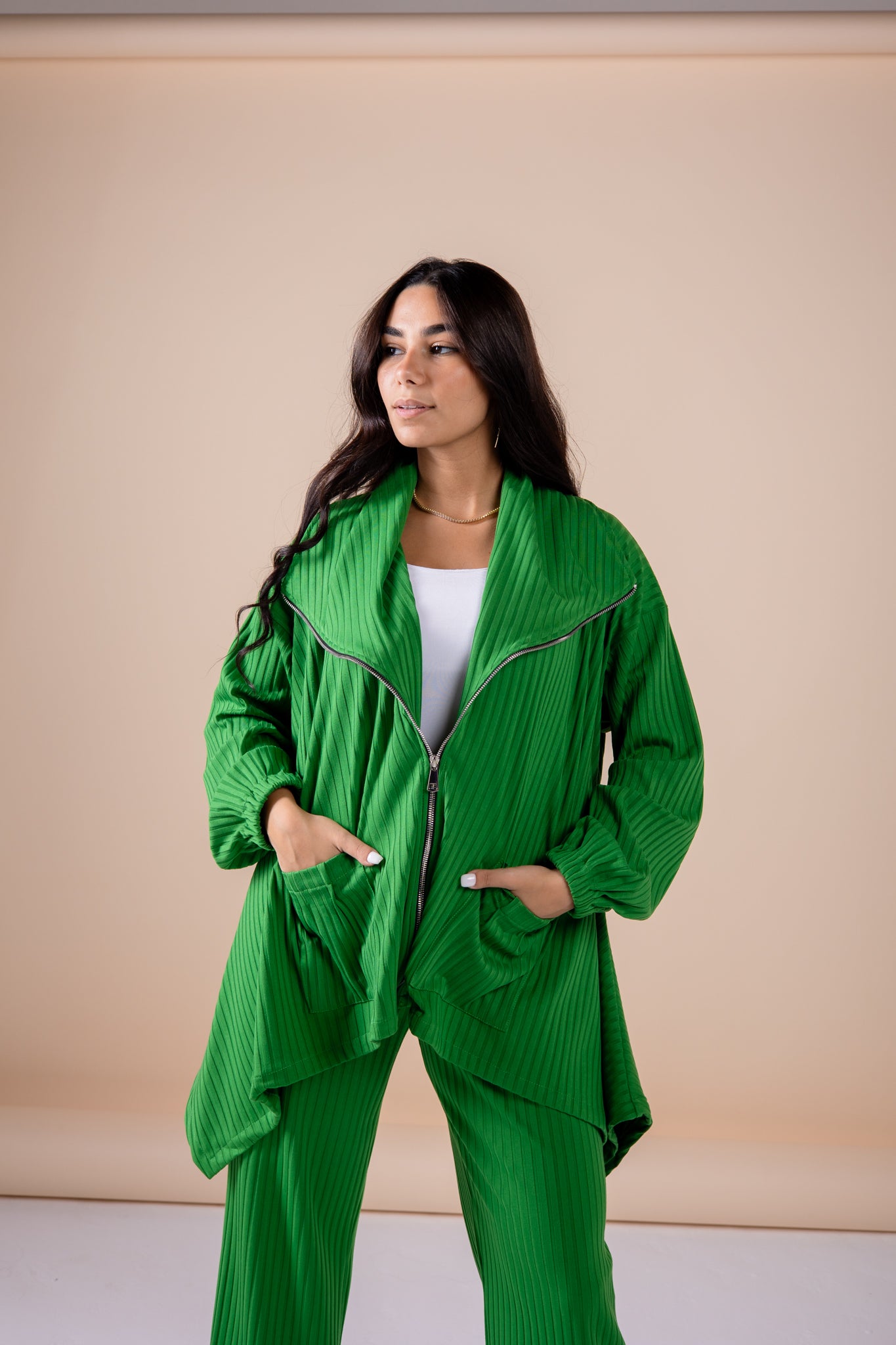 The asymmetrical set in green