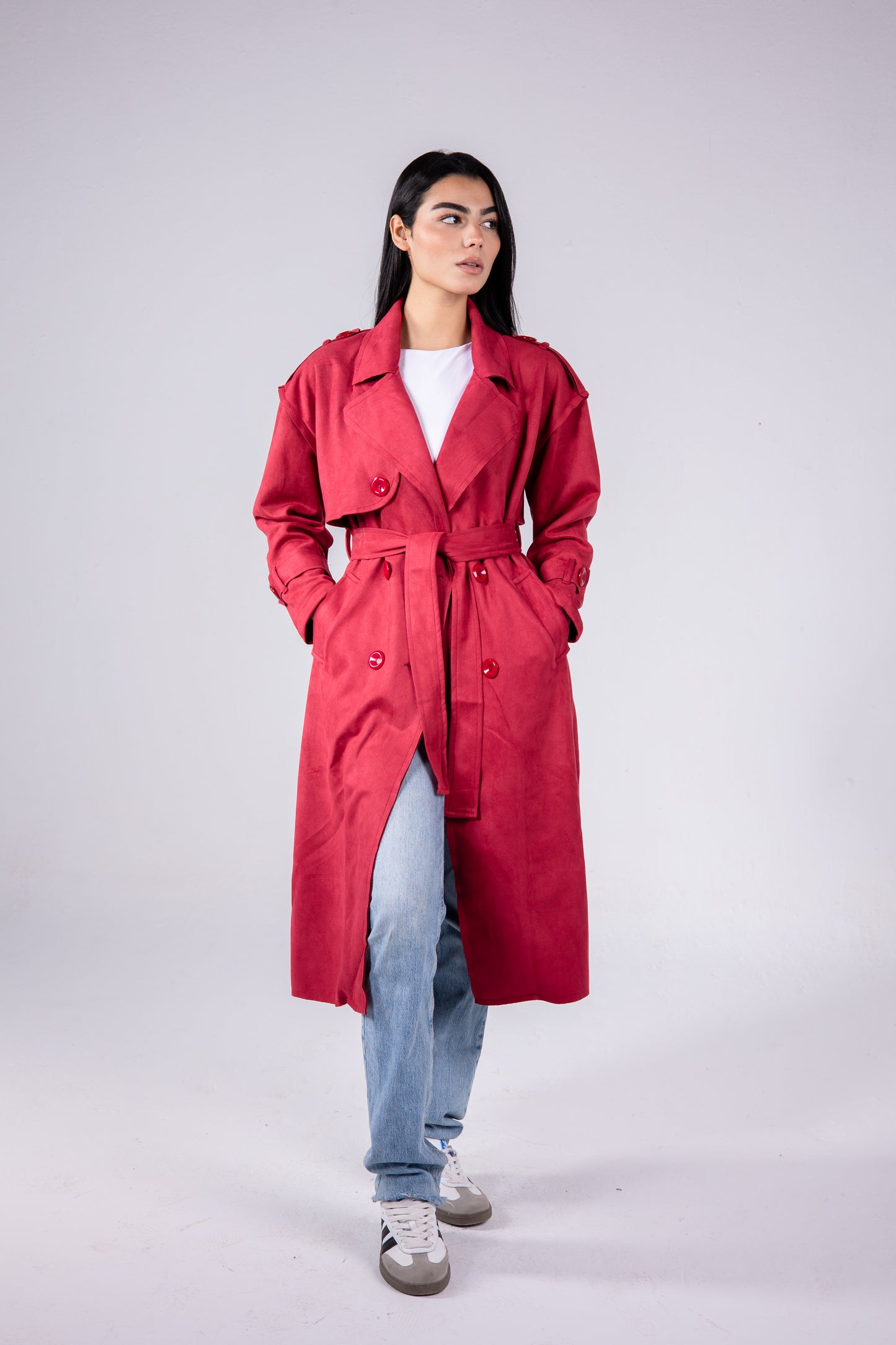 Suede manteau in red