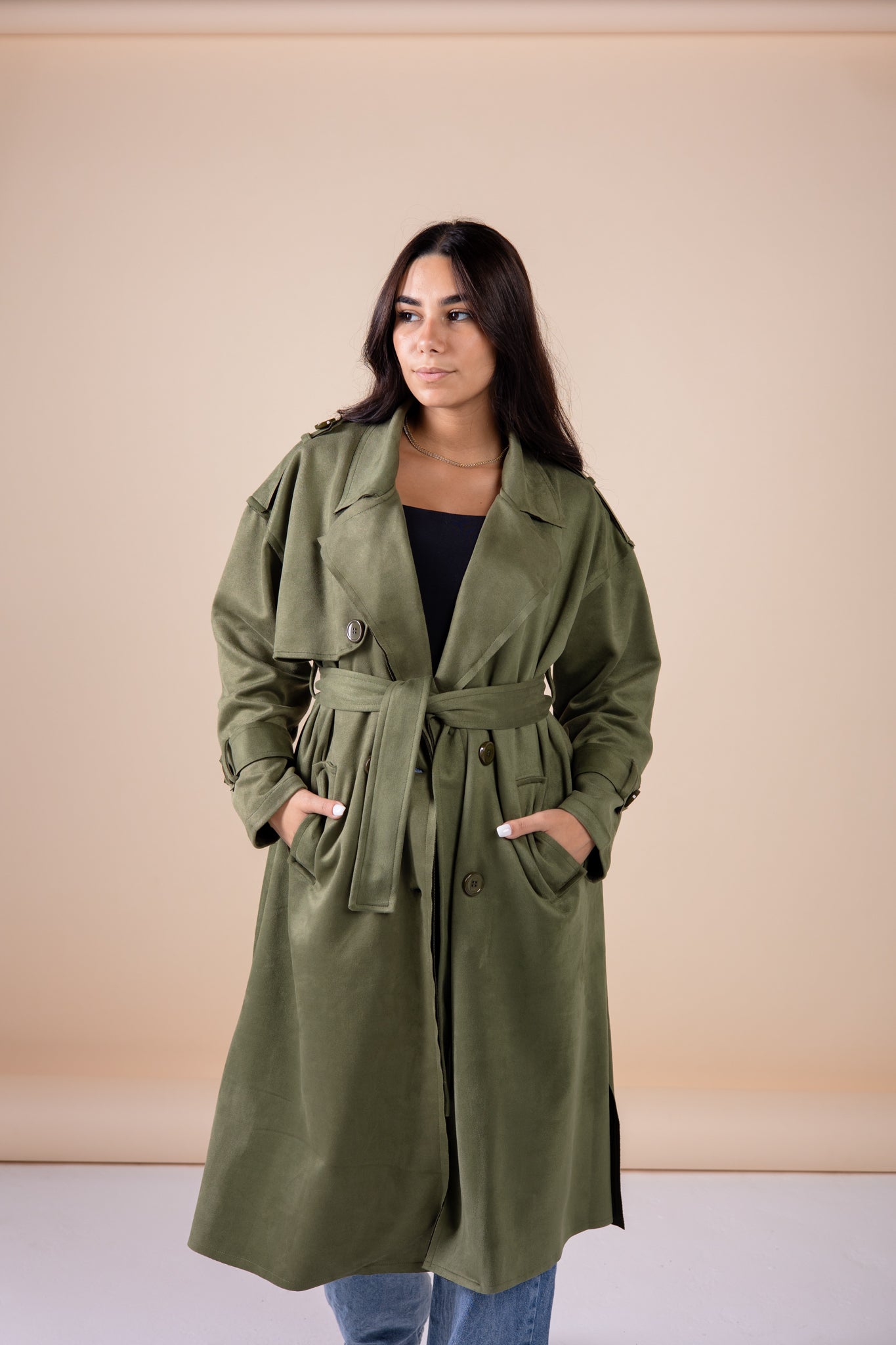 Suede manteau in olive