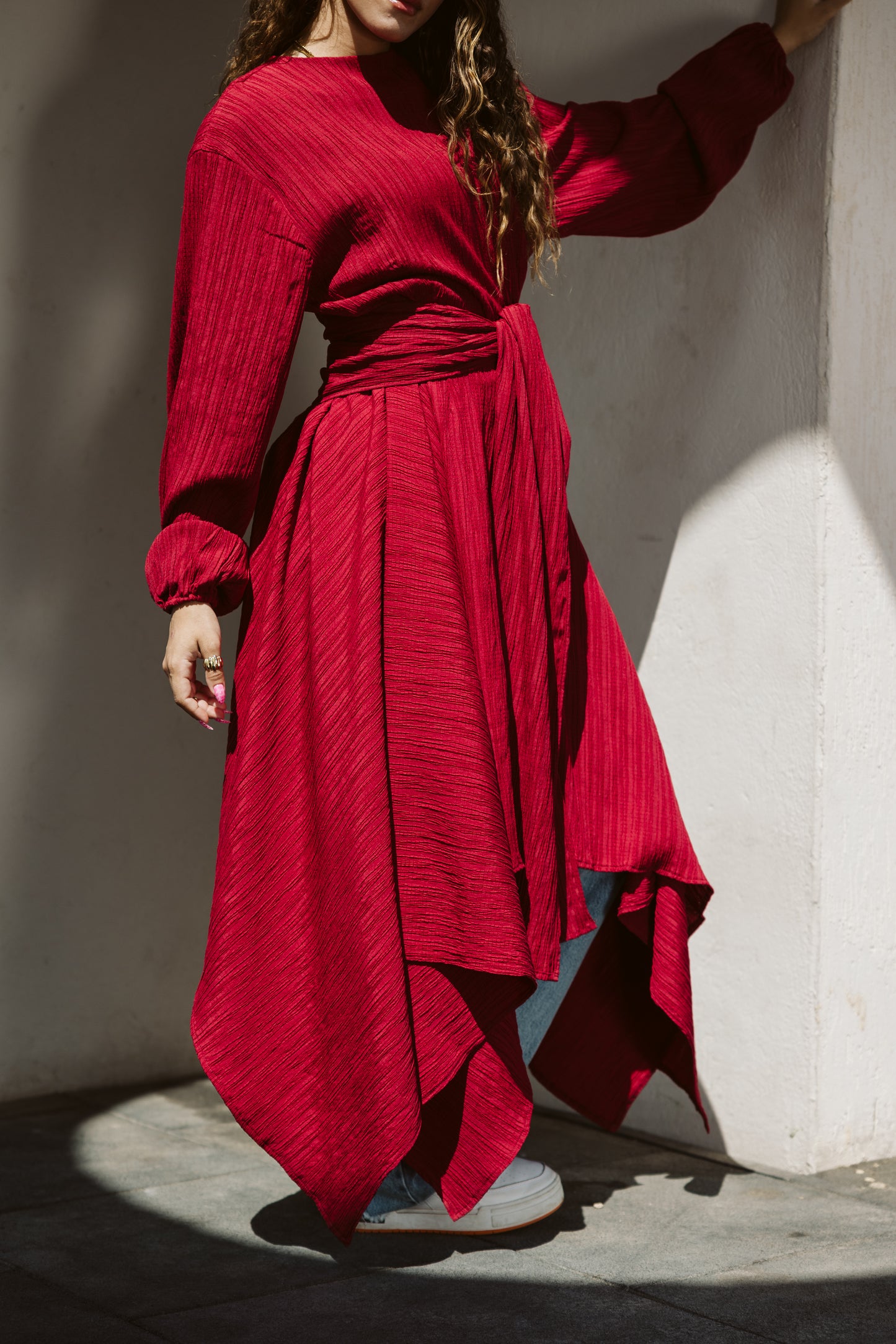 Asymmetrical dress in maroon