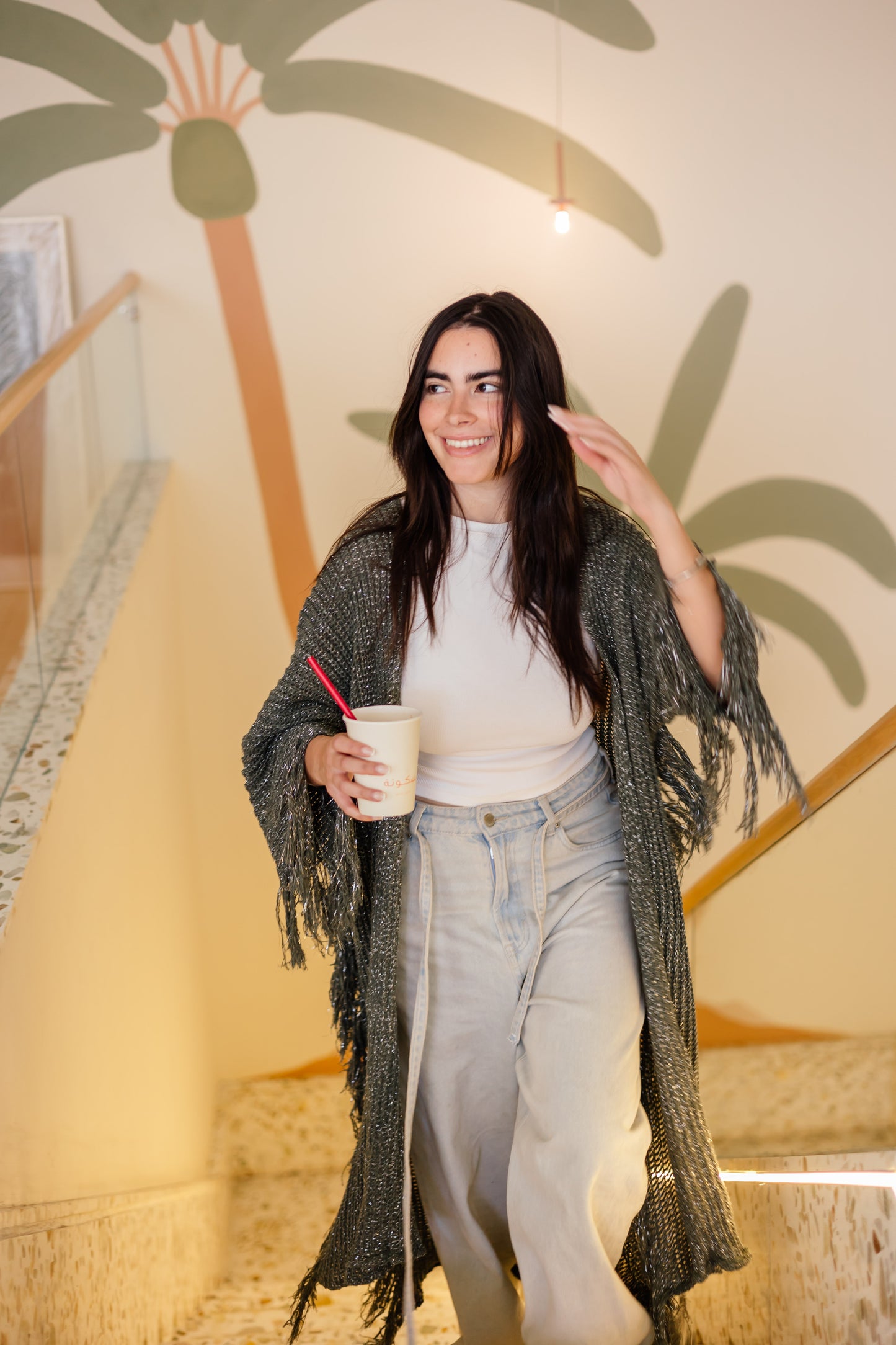 Fringe knit cardigan in olive