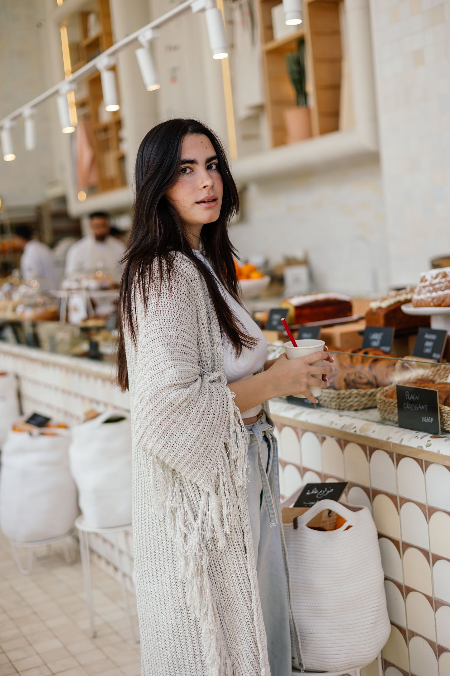 Fringe knit cardigan in off-white