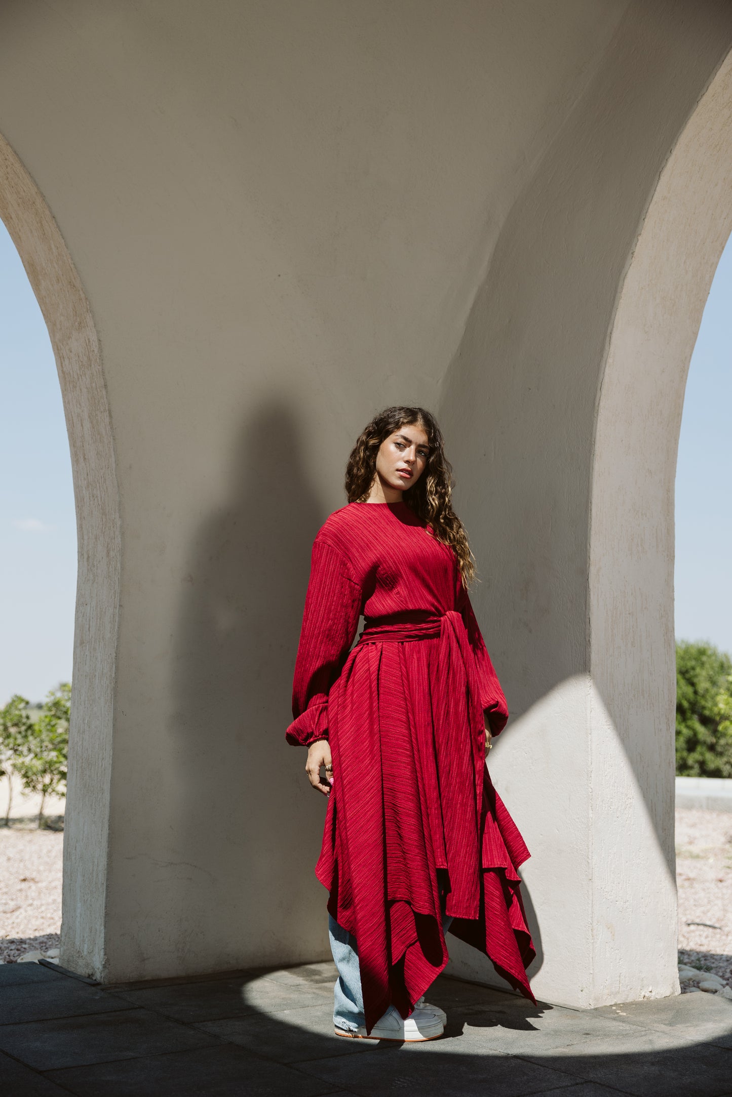 Asymmetrical dress in maroon