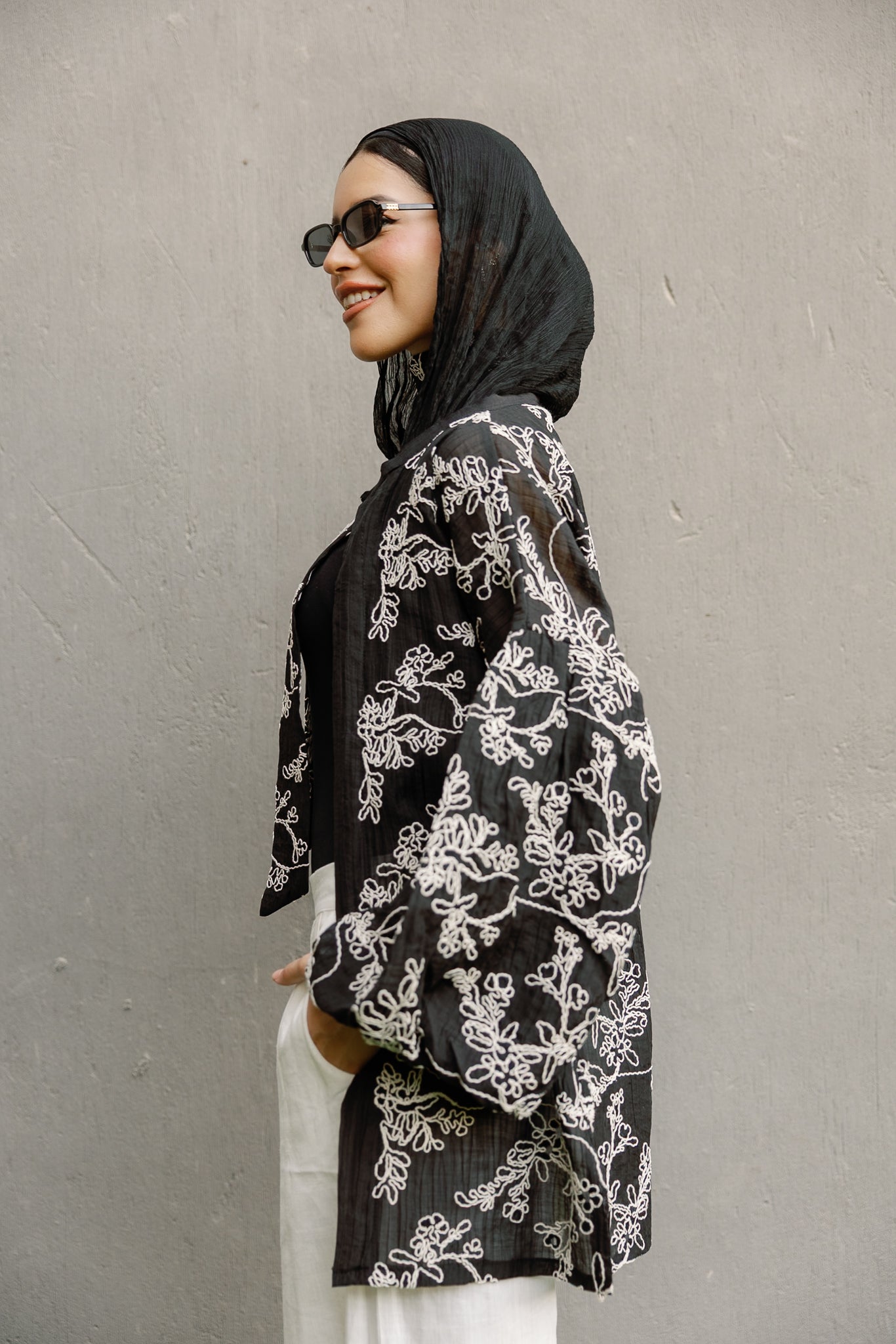 Puffy embroidered cardigan in Black