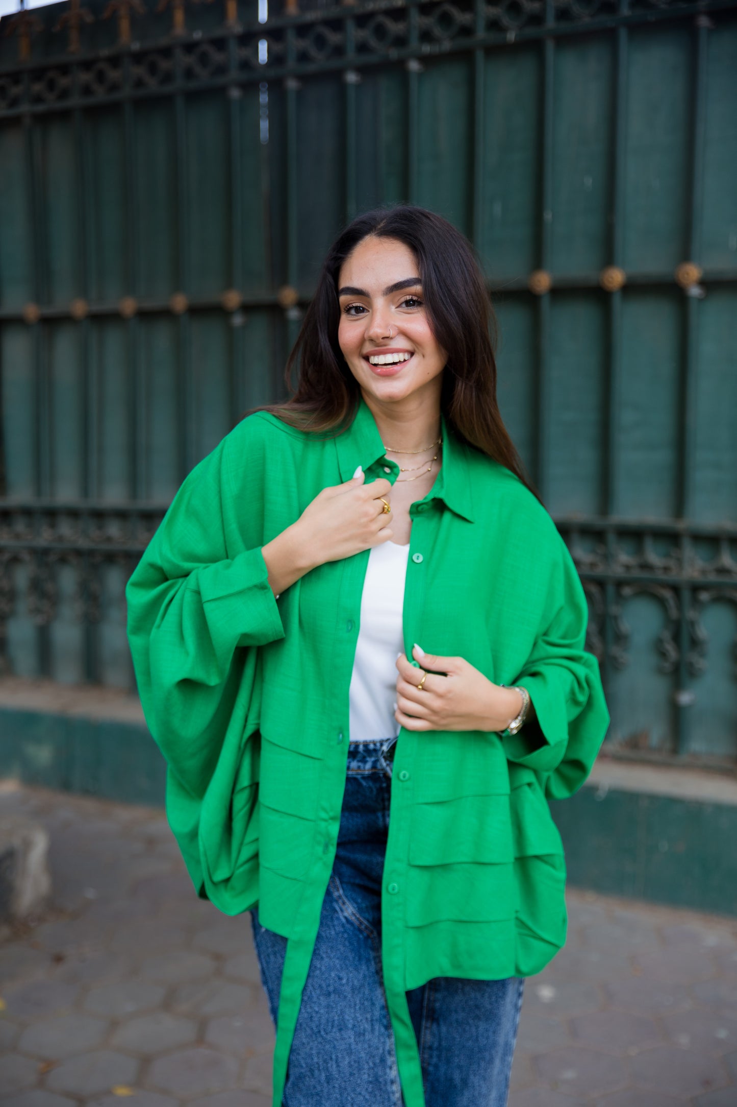 The ruffle linen chemise Green