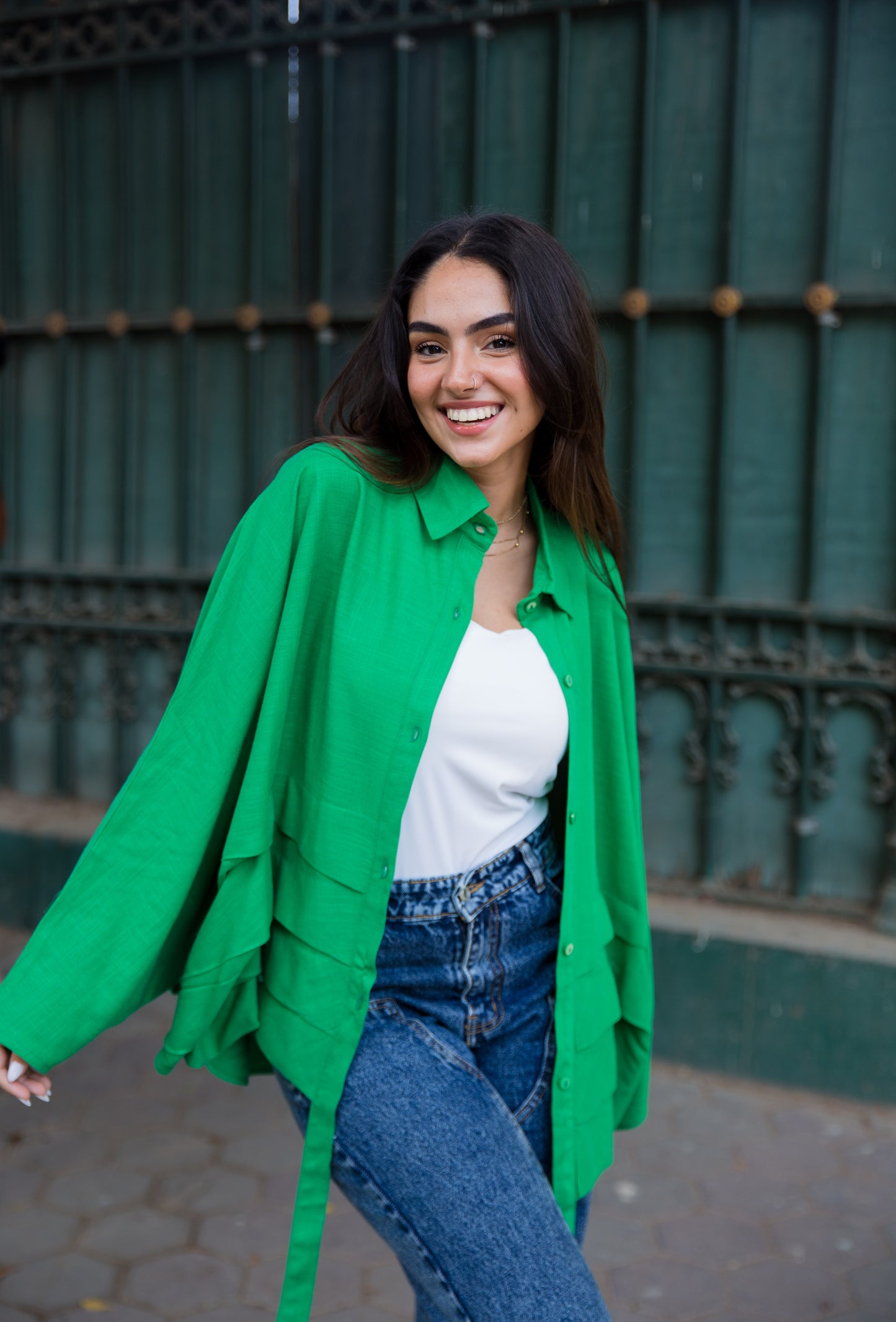 The ruffle linen chemise Green