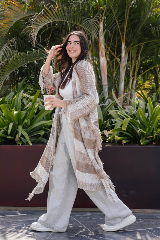 Stripped knit cardigan in nude