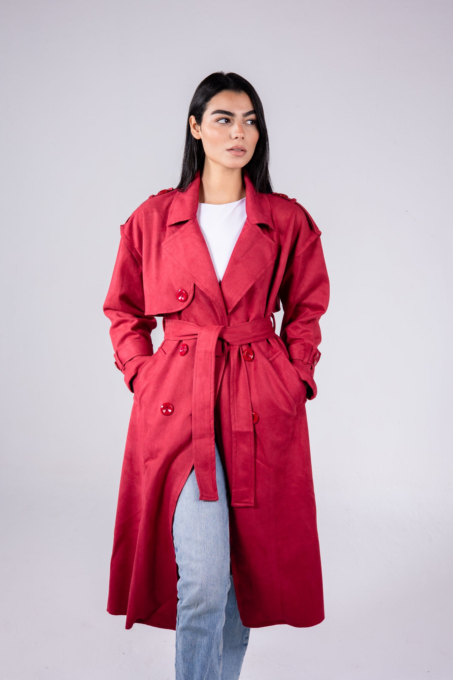 Suede manteau in red