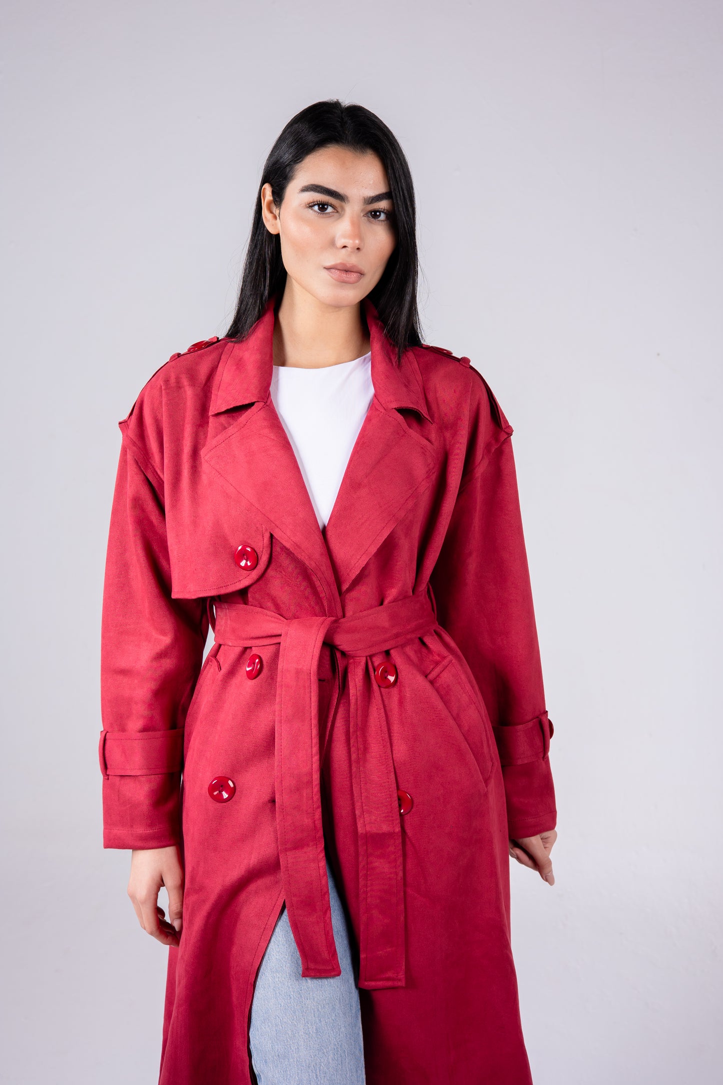 Suede manteau in red