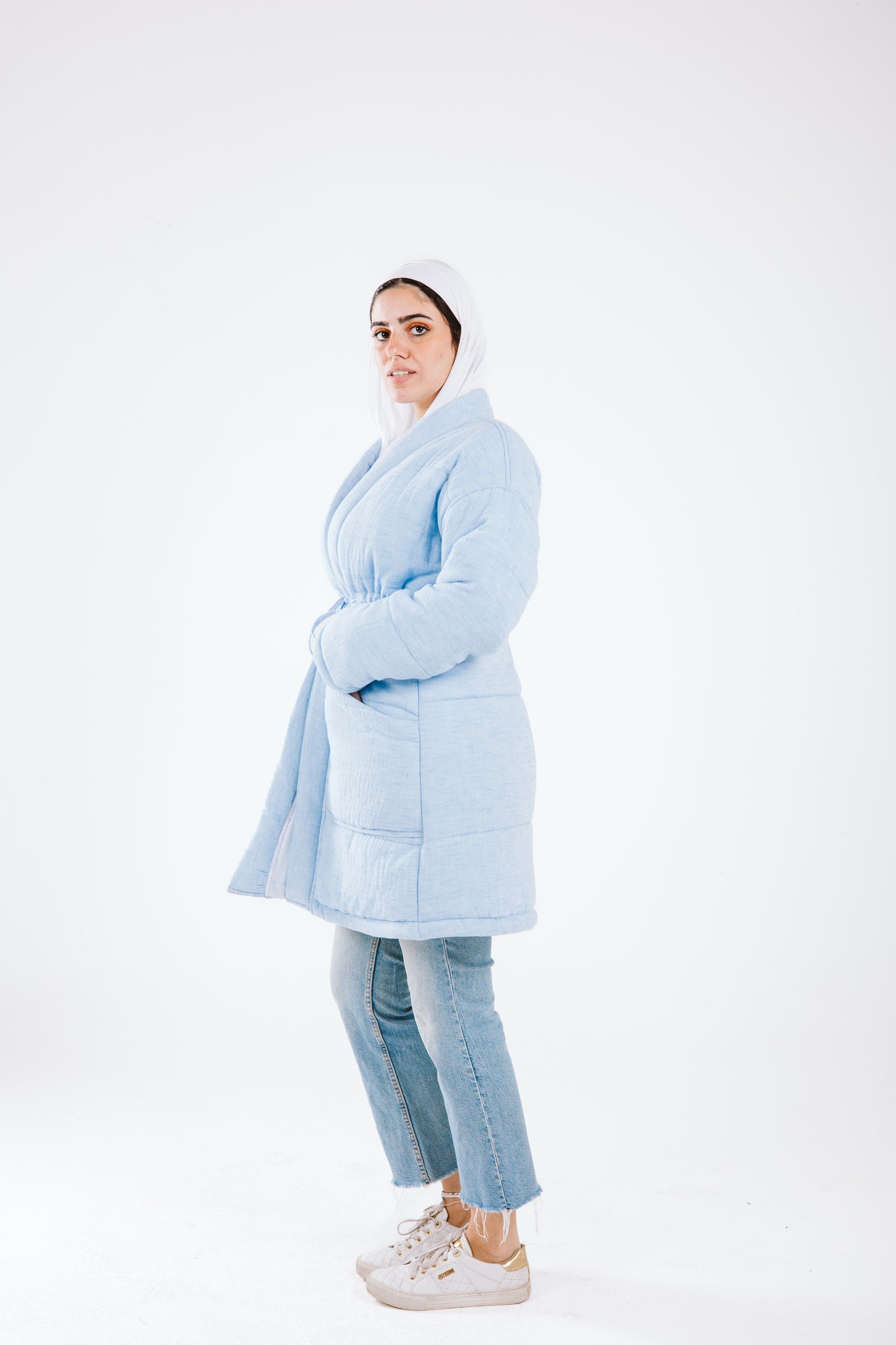 Daisy linen coat in baby blue