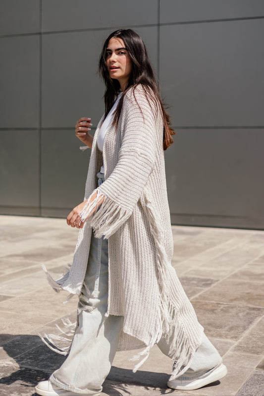 Fringe knit cardigan in off-white