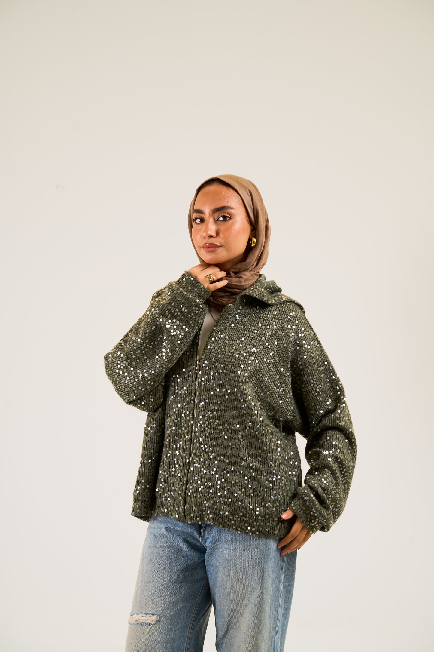 Sequin Statement Jacket in olive