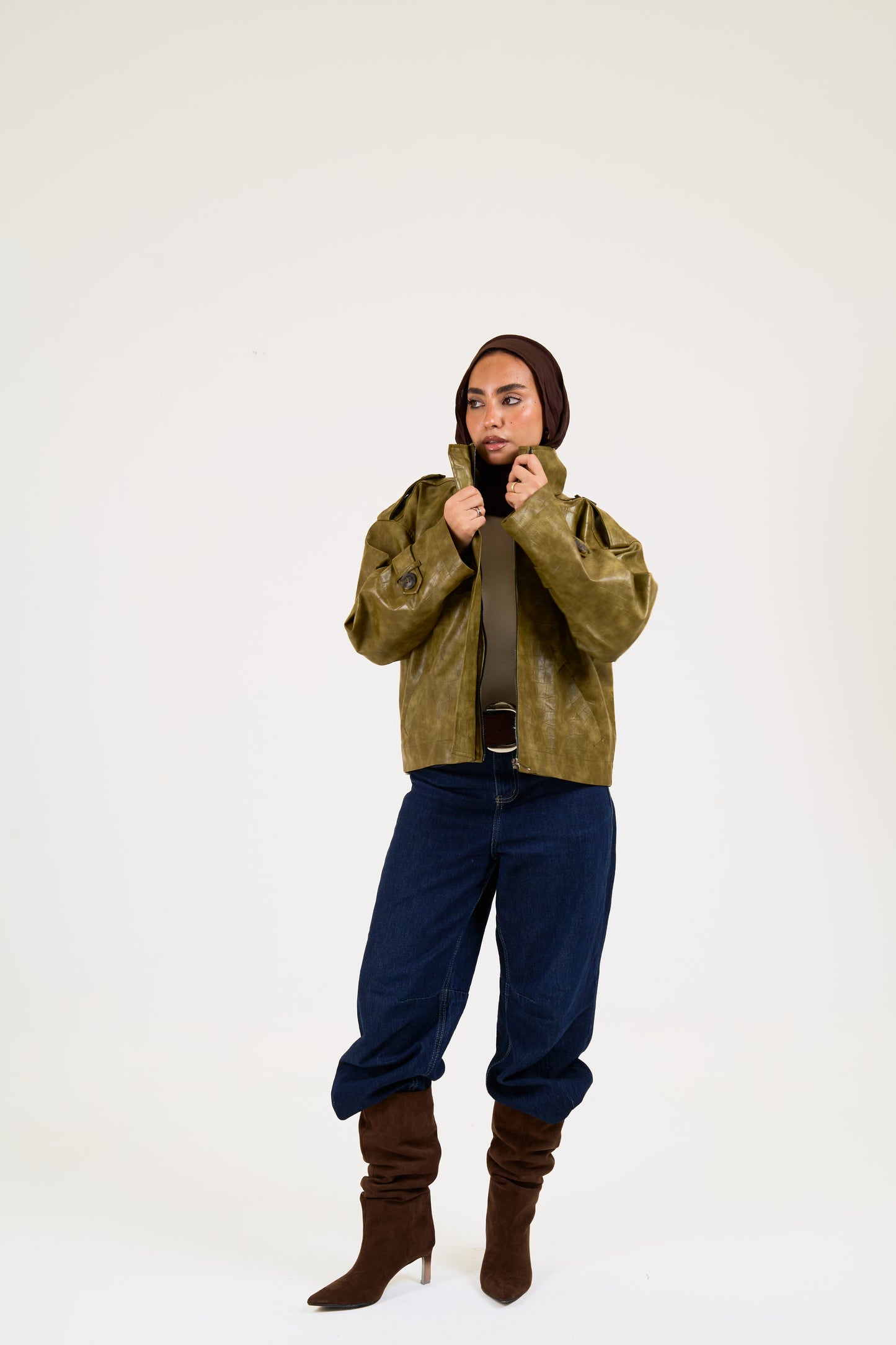 Croc leather jacket in Olive