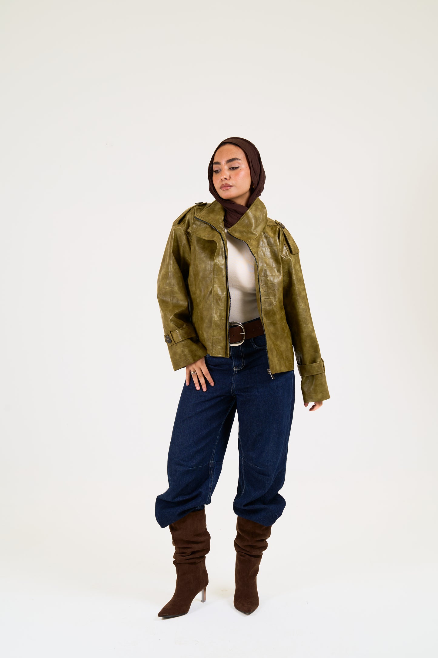 Croc leather jacket in Olive