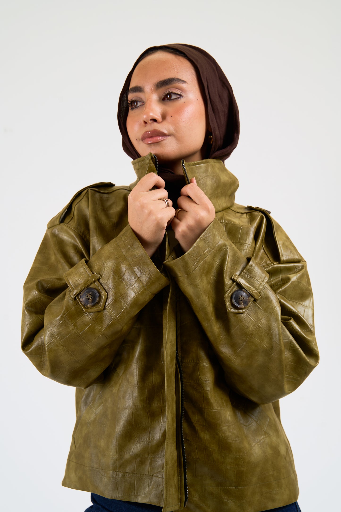 Croc leather jacket in Olive