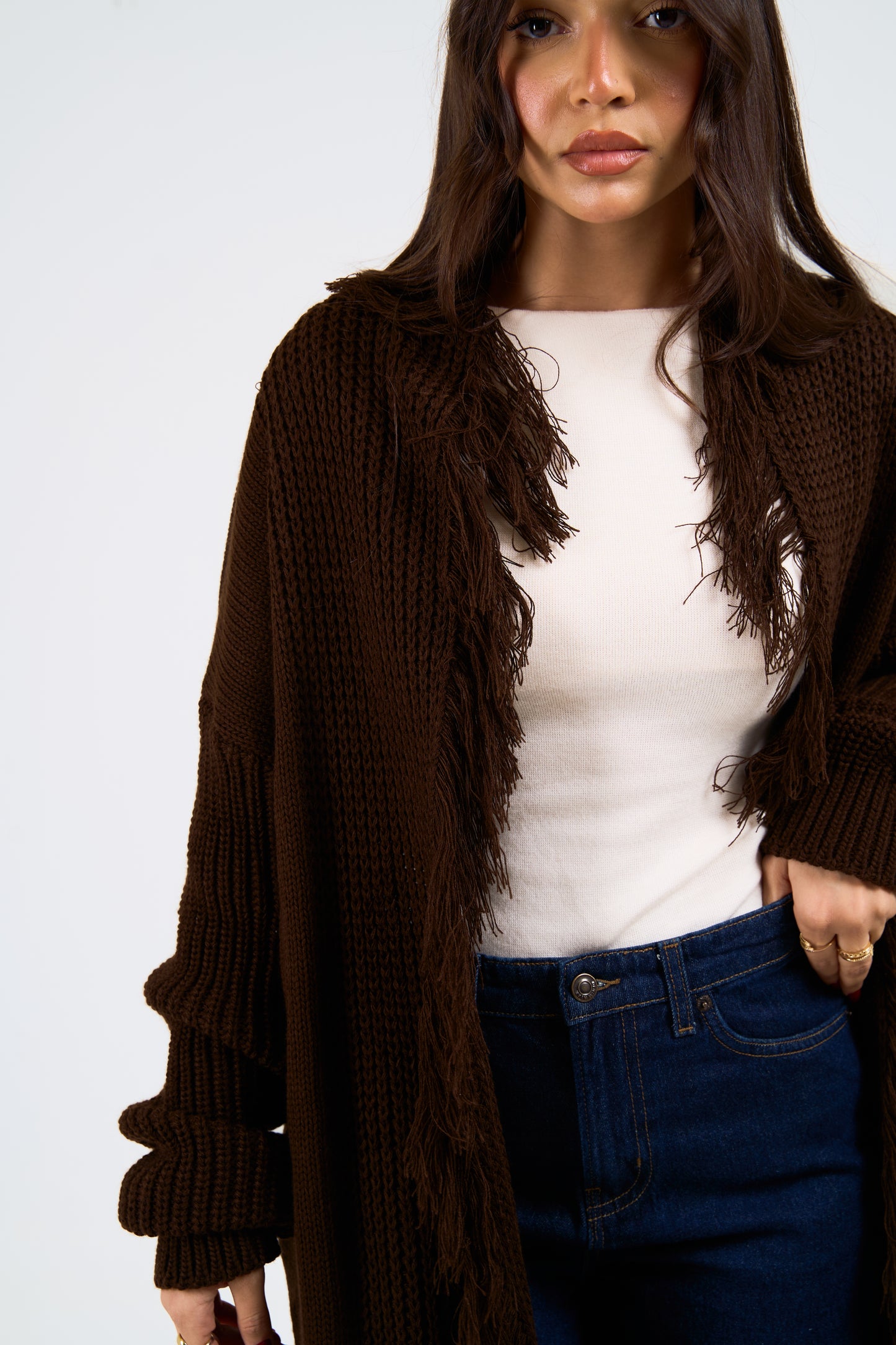 Free Spirit Fringe Cardigan in brown