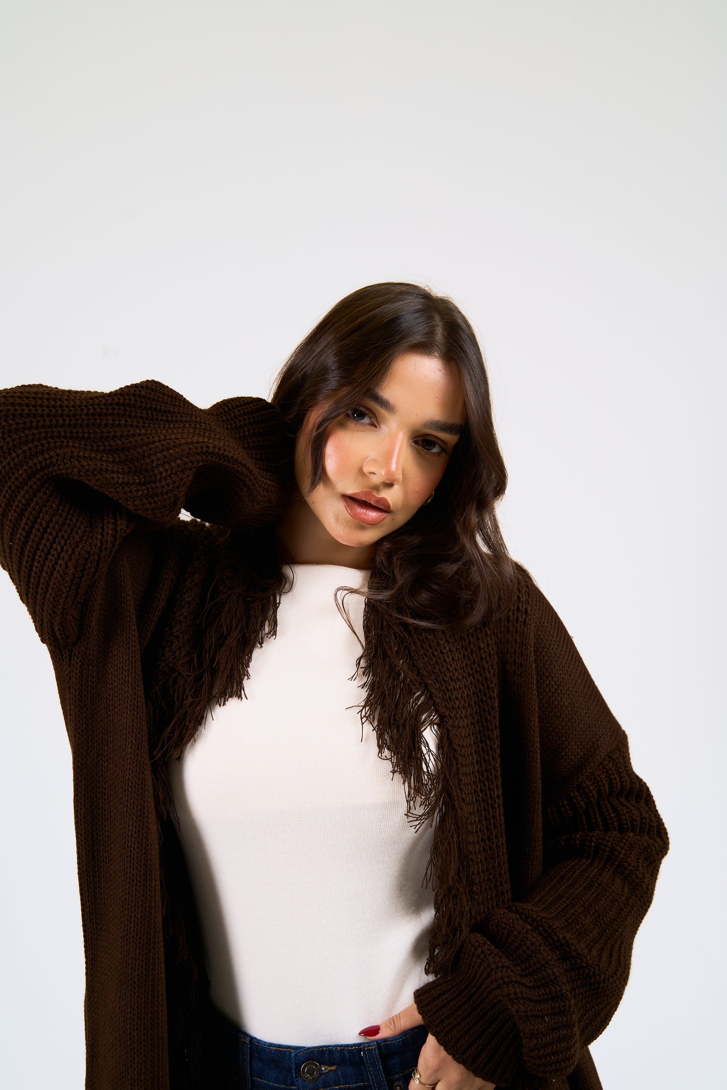 Free Spirit Fringe Cardigan in brown