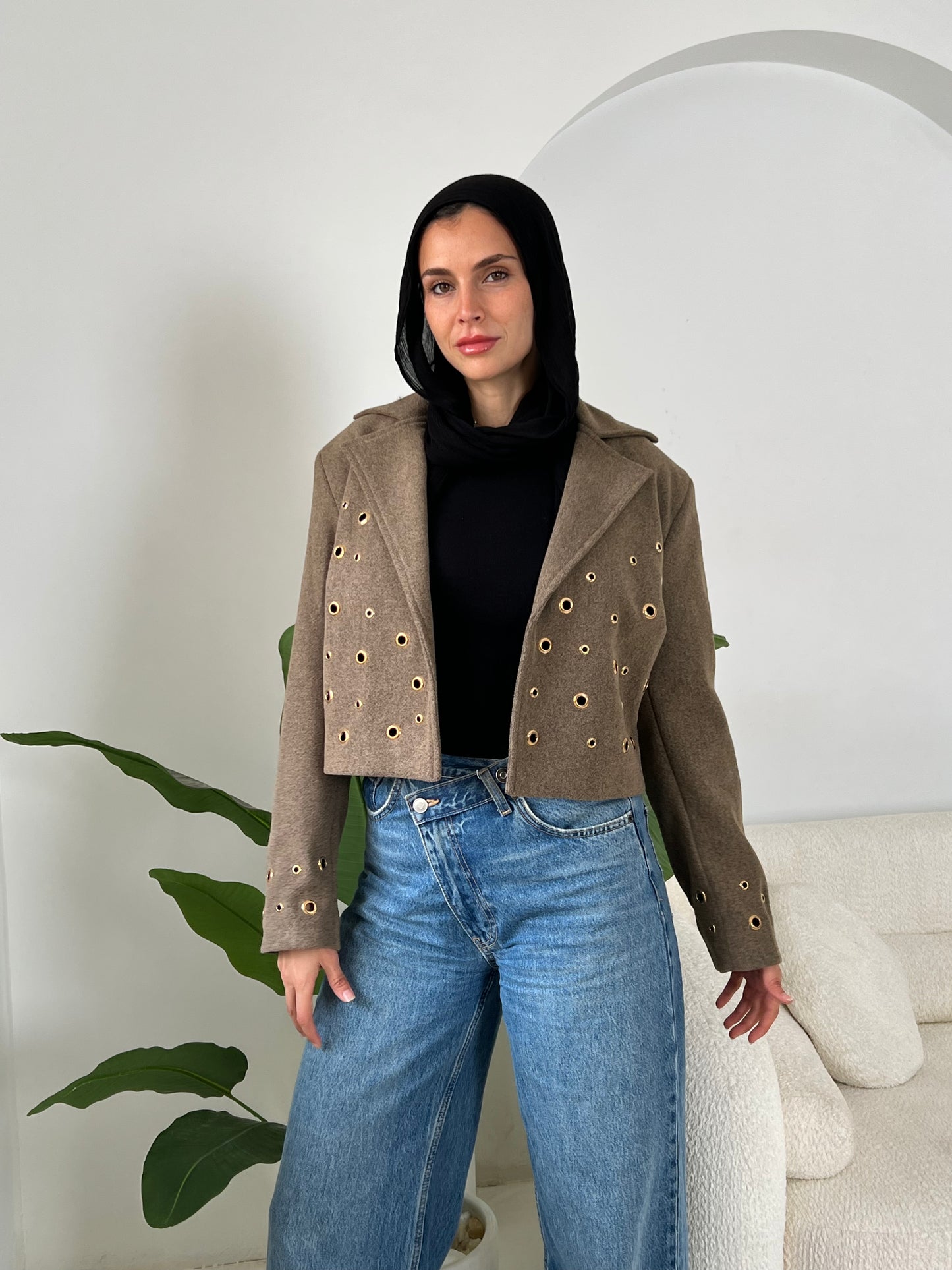 Pierced wool jacket in cafe