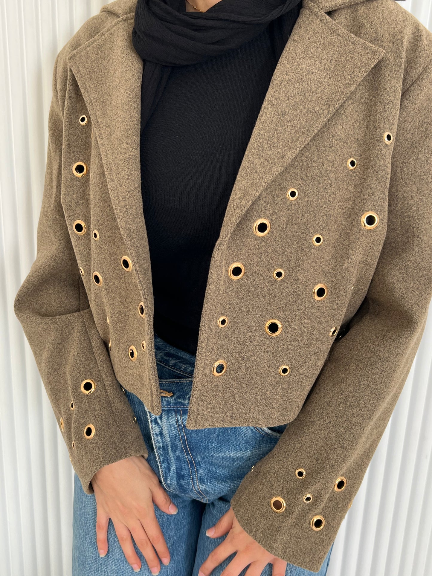 Pierced wool jacket in cafe