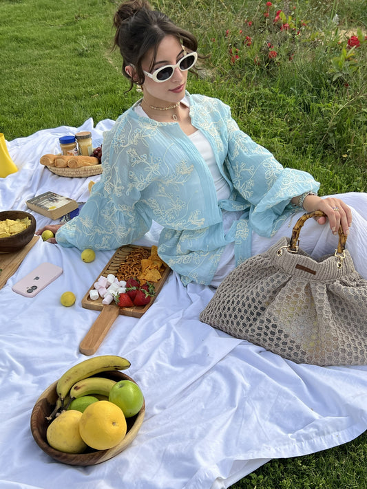 Puffy embroidered cardigan in Baby Blue