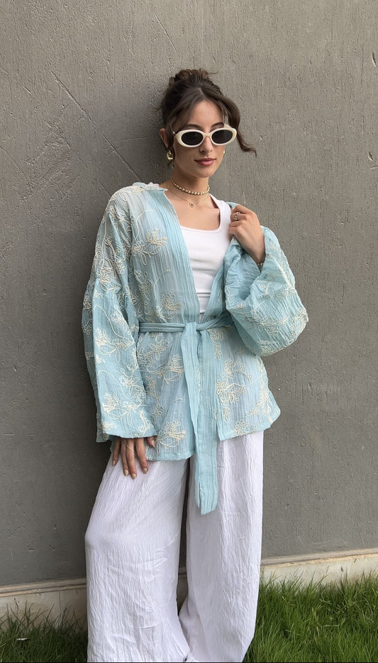 Puffy embroidered cardigan in Baby Blue