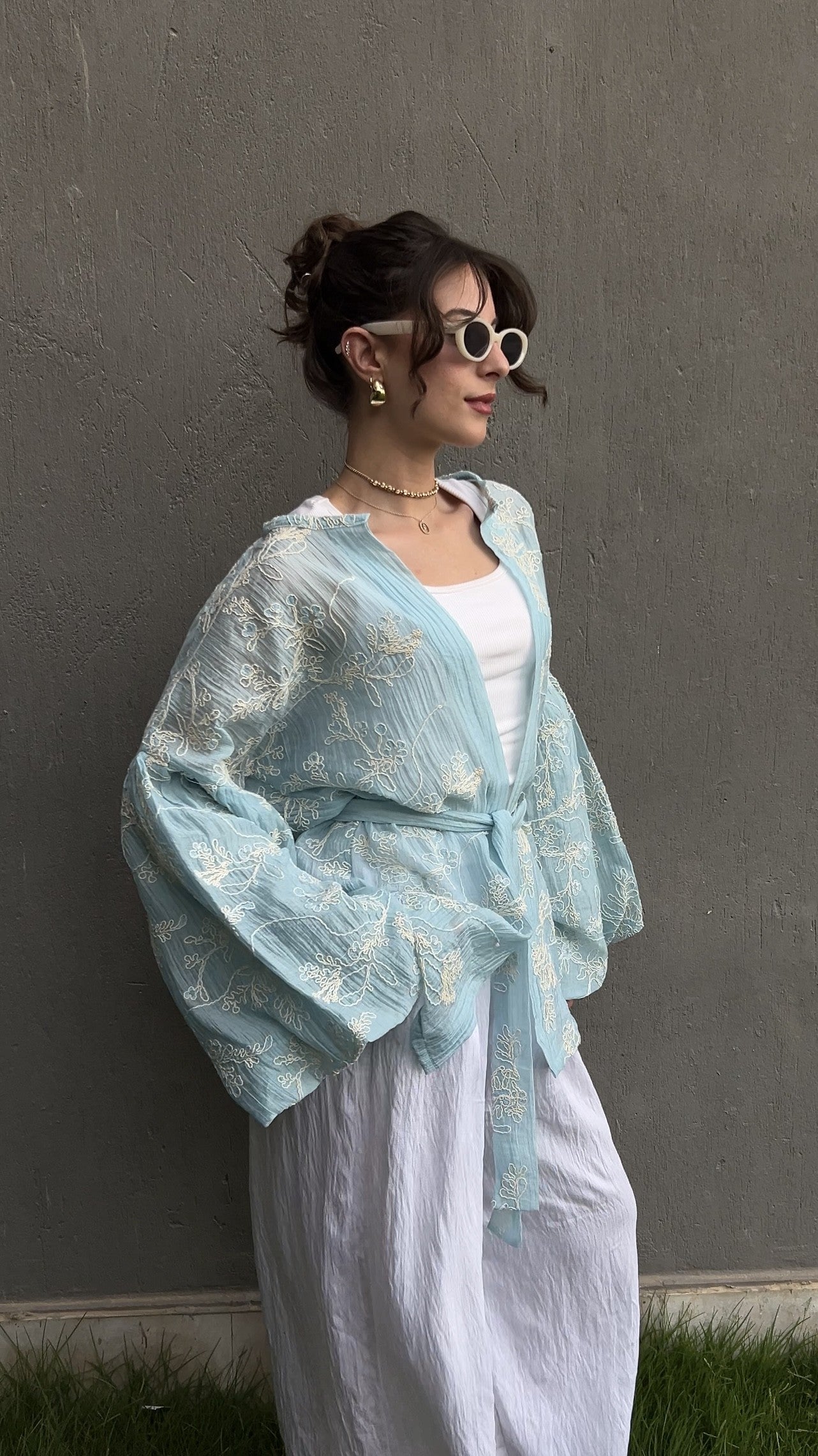 Puffy embroidered cardigan in Baby Blue