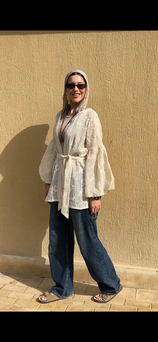 Puffy embroidered cardigan in Cream