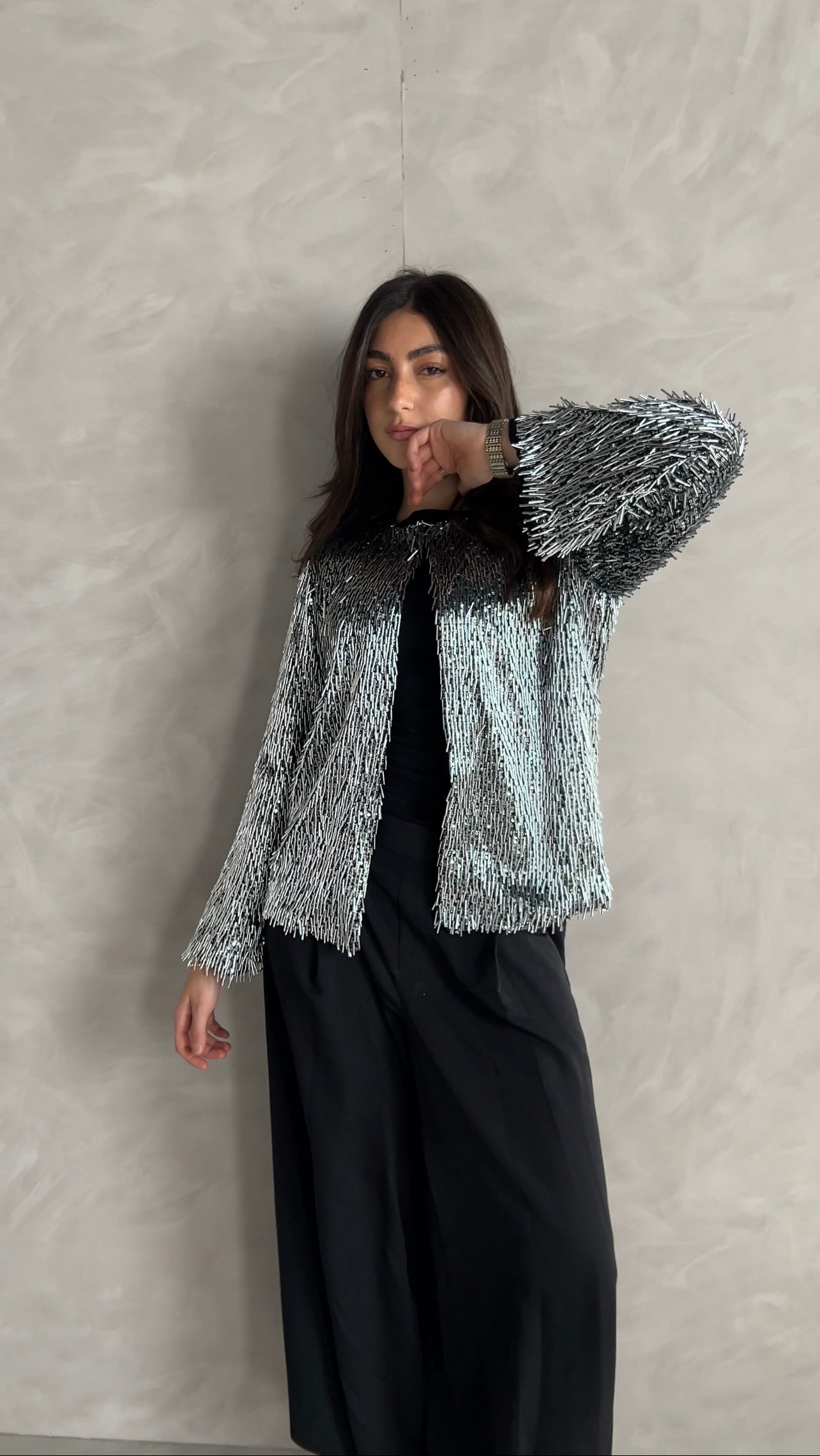 Beaded Shimmer Blazer in silver