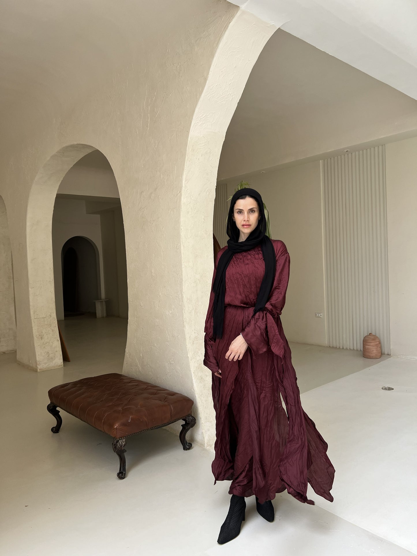 Satin plisse set in Maroon