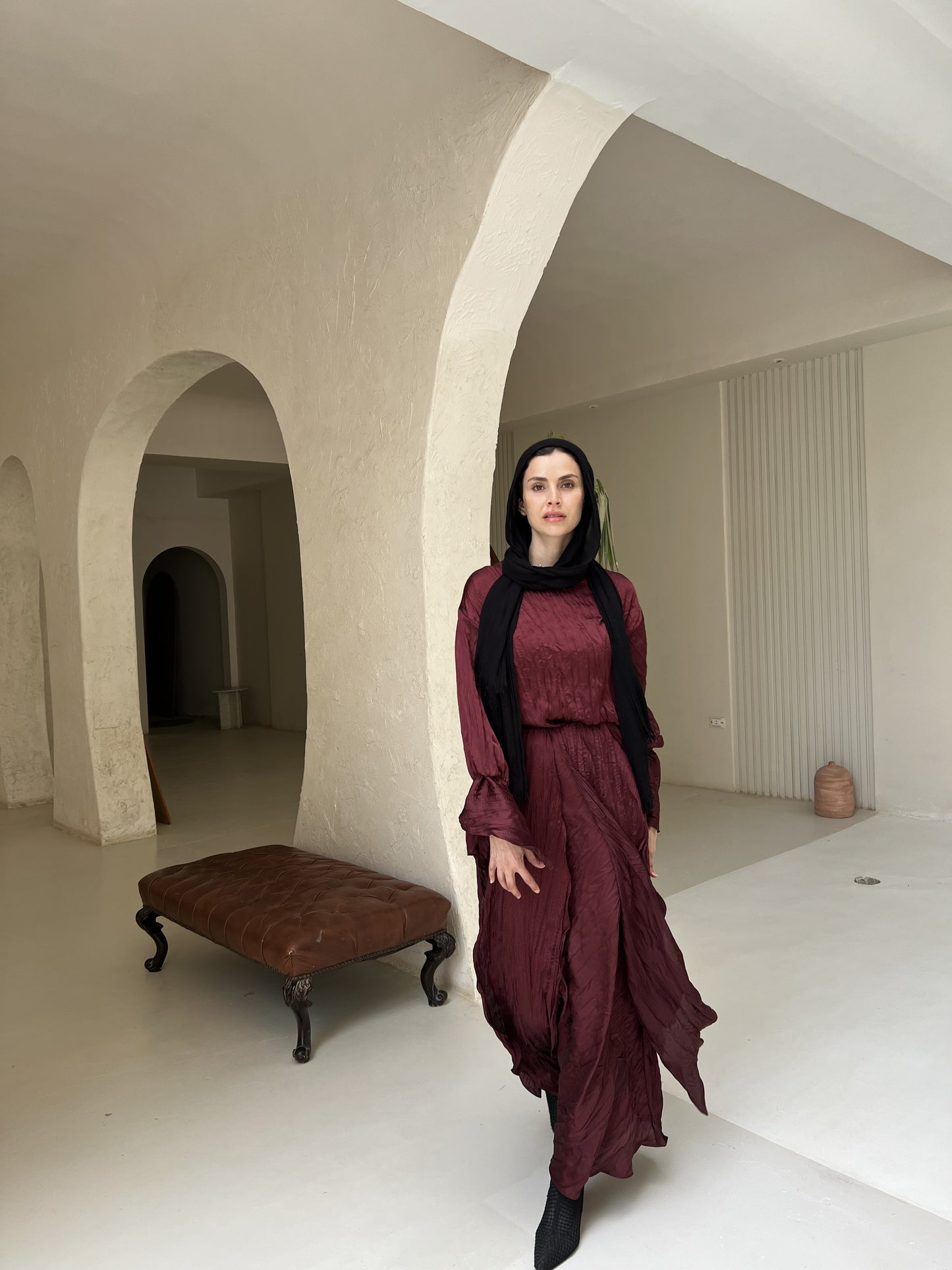 Satin plisse set in Maroon