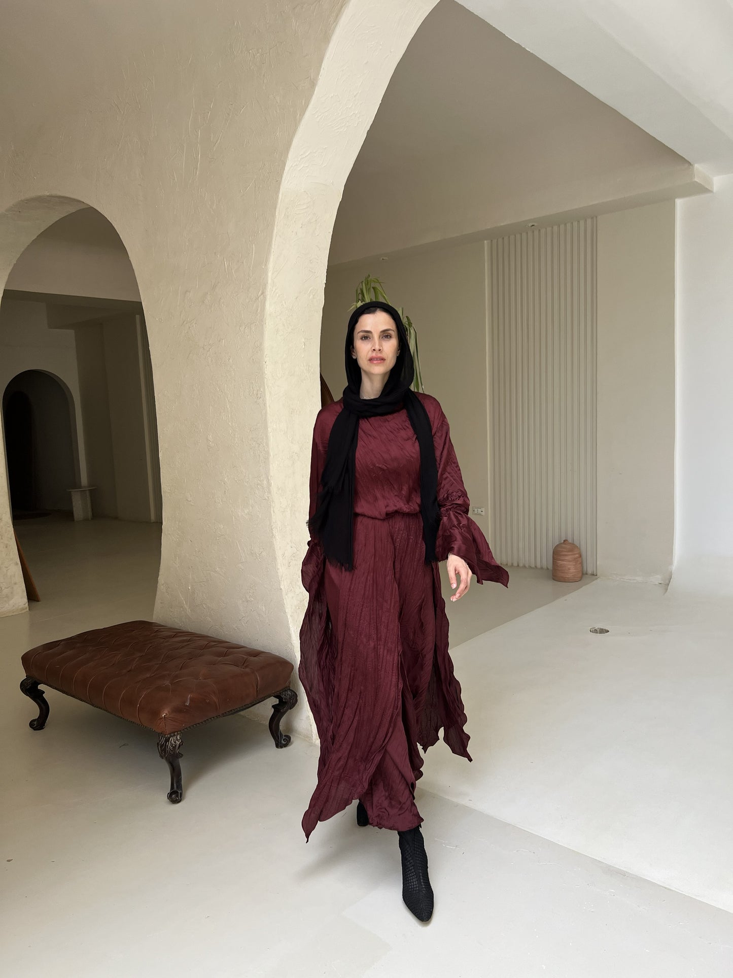 Satin plisse set in Maroon