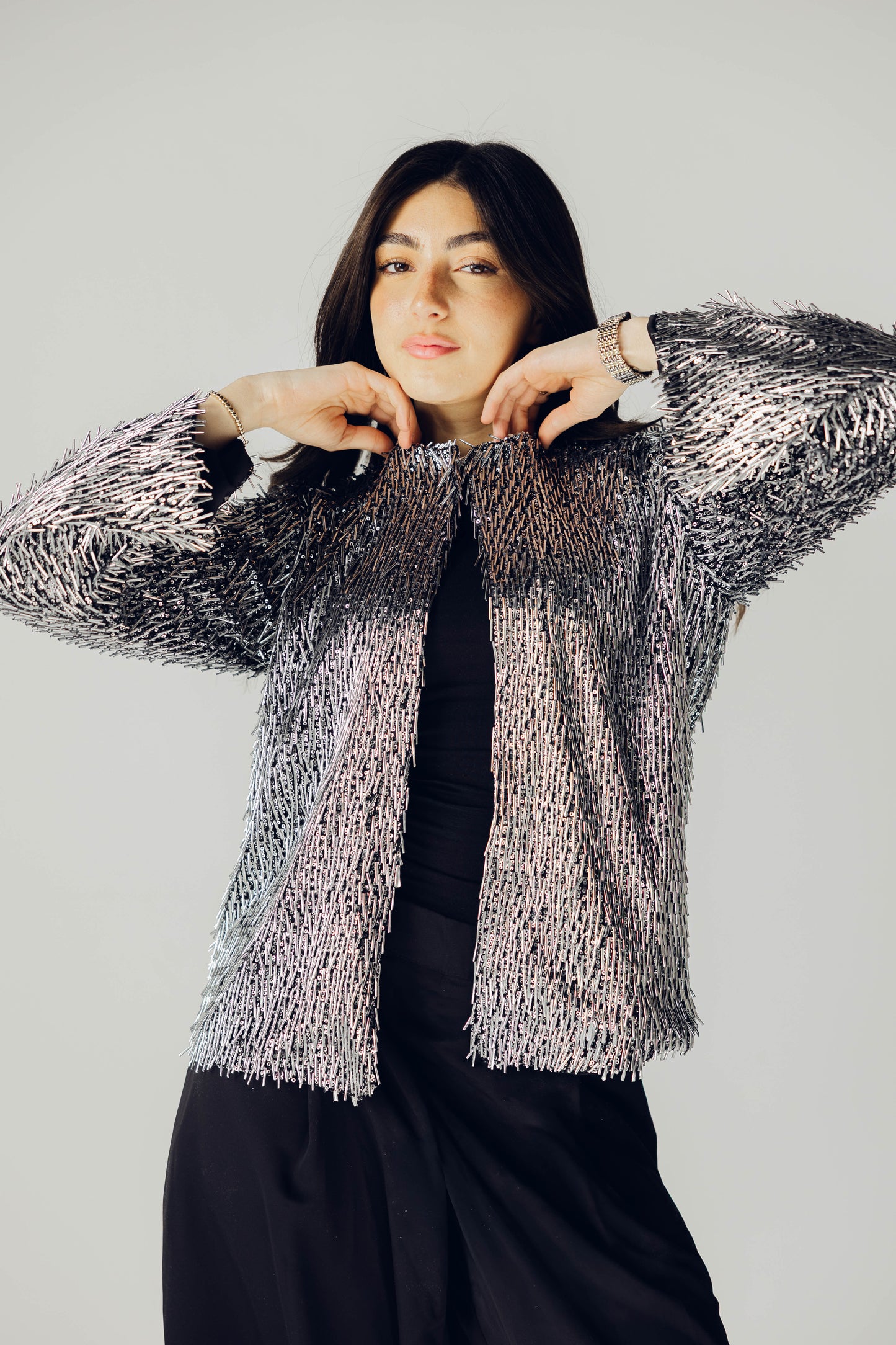 Beaded Shimmer Blazer in silver