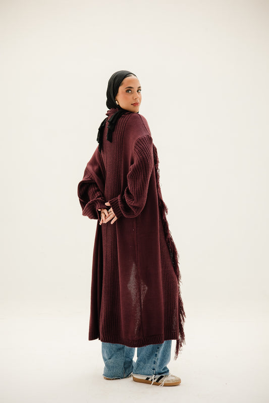 Free Spirit Fringe Cardigan in Burgundy