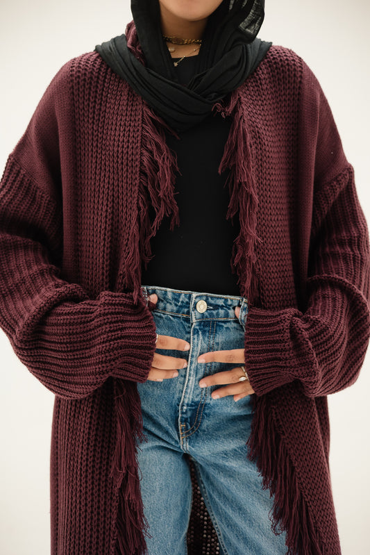 Free Spirit Fringe Cardigan in Burgundy  ( Pre order )