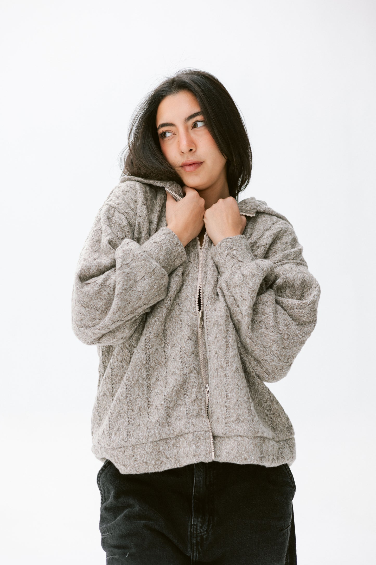 two way zipper pullover in greige