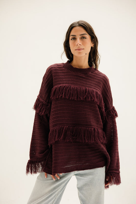 Layered Fringe Knit in Burgundy