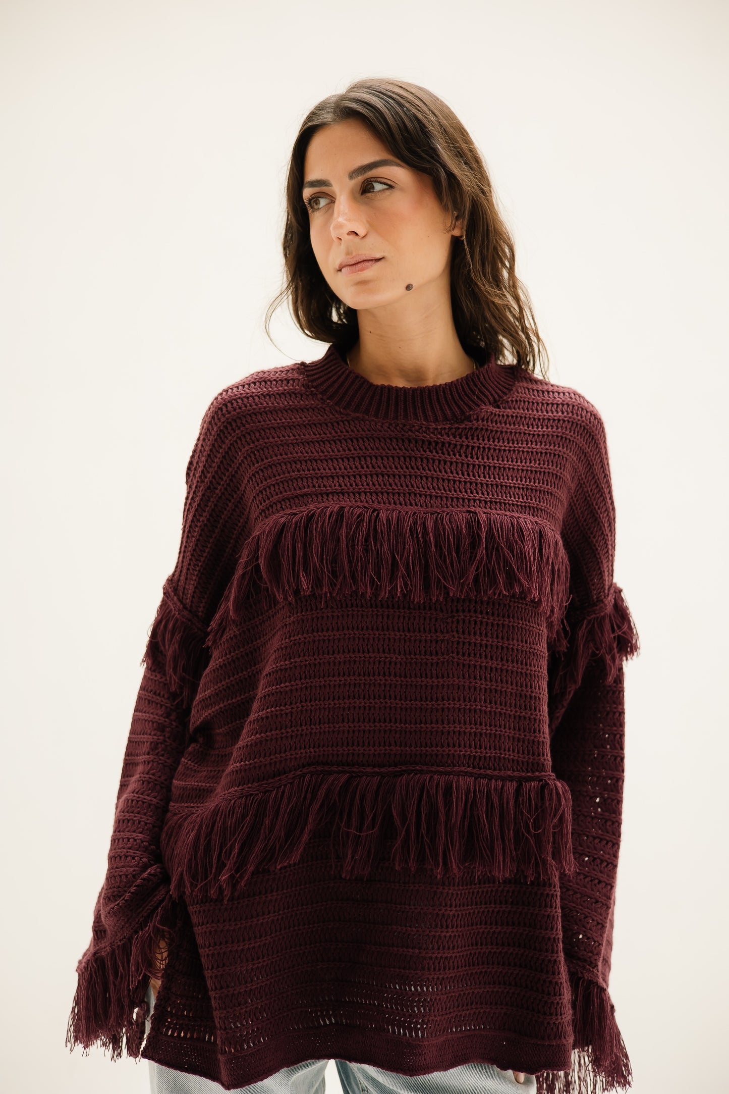 Layered Fringe Knit in Burgundy