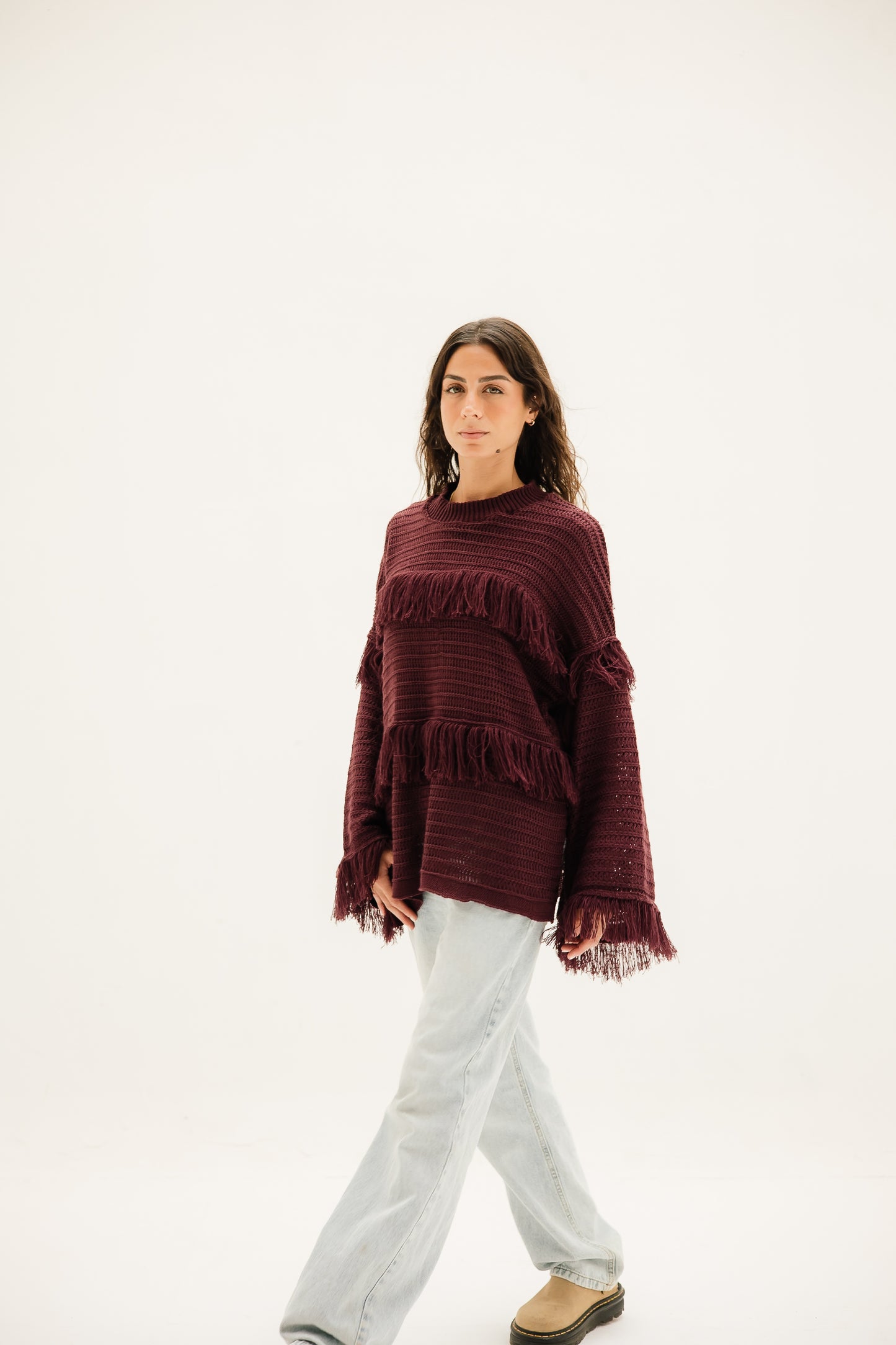 Layered Fringe Knit in Burgundy