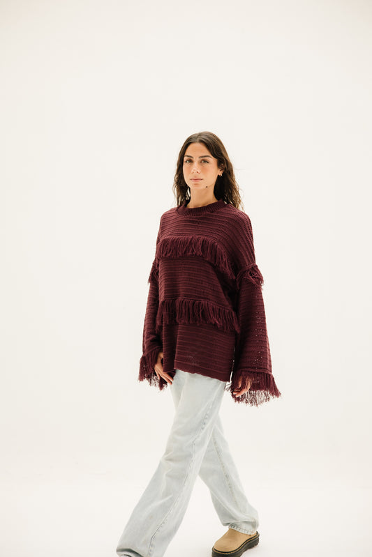 Layered Fringe Knit in Burgundy